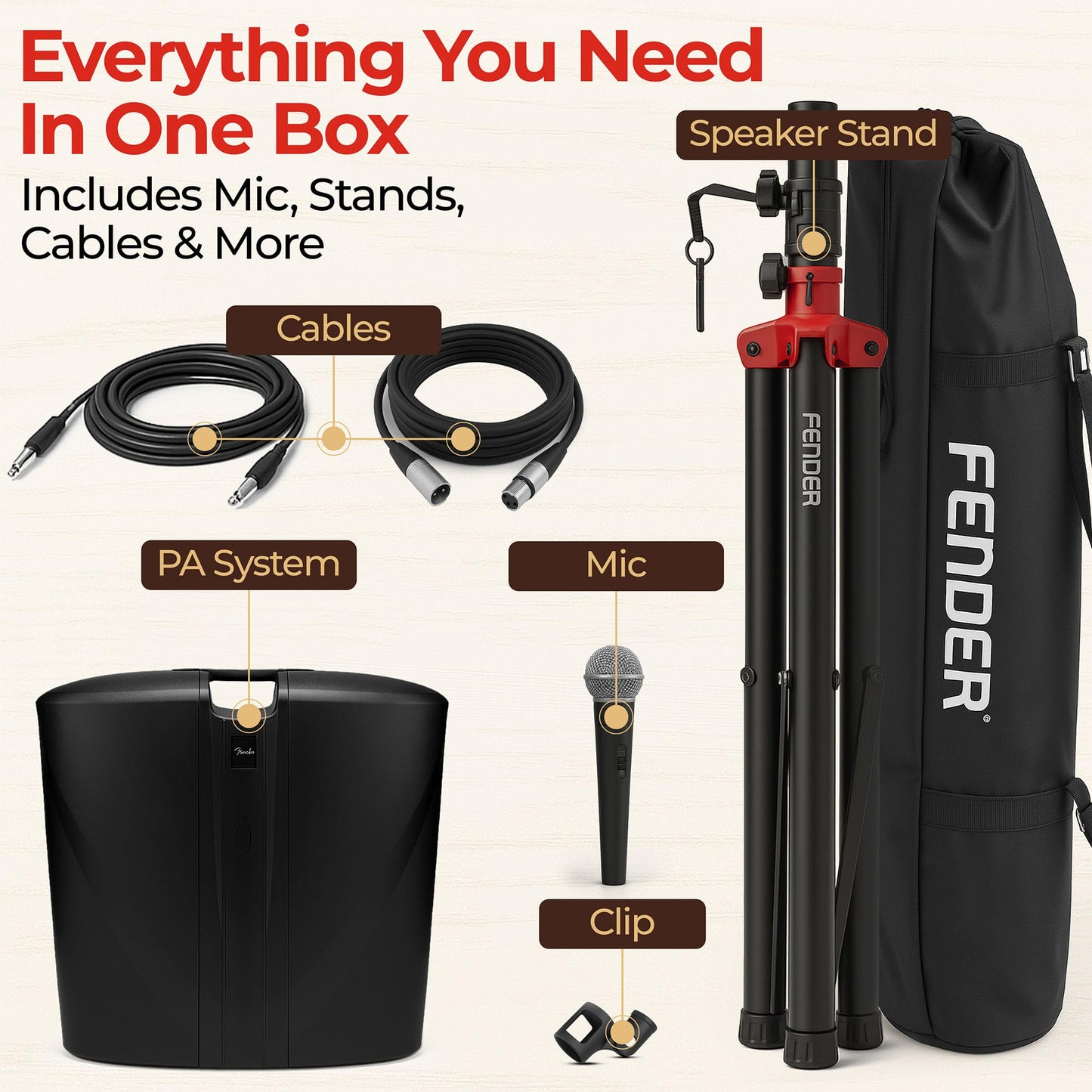 Fender Passport Venue S2 Portable PA System Bundle with Compact Speaker Stands, Microphone, Mic Stand Clip, XLR Cable, and Instrument Cable