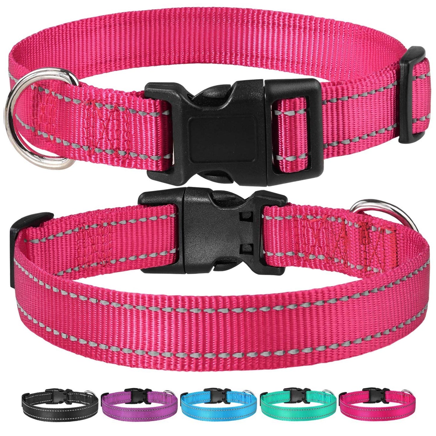 Reflective Dog Collar with Buckle Adjustable Safety Nylon Collars for Small Medium Large Dogs, Pink S