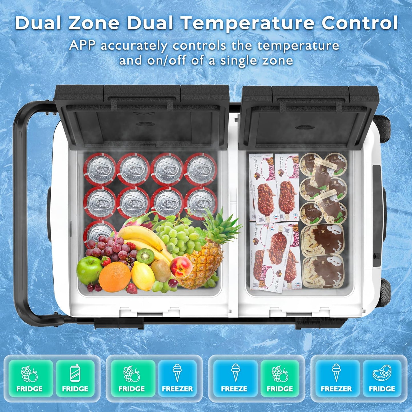 AS 12 Volt Refrigerator, 42QT(40L) Dual Temperature Zone Electric Cooler with Wheels, Portable Freezer 12V/24V DC 110-240V AC, -4℉-68℉ Car Fridge for Car, Marine, Home, Outdoor, etc