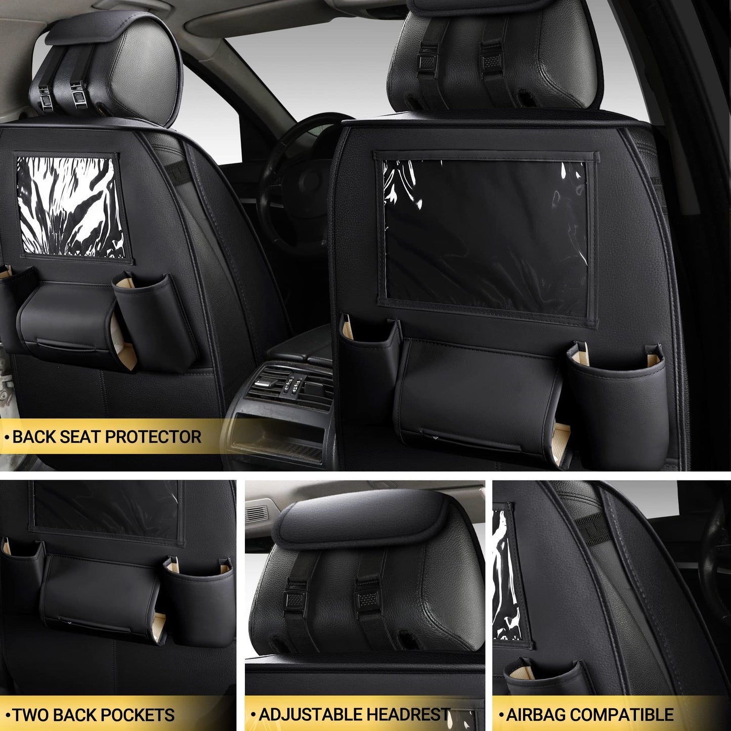 AOOG Leather Car Seat Covers with Car Backseat Organizer, Universal Automotive Vehicle Seat Cover for Most Sedan SUV Pick-up Truck, Full Set, Black&Grey