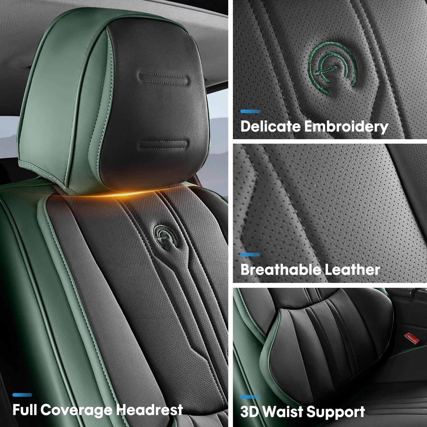 AOOG Car Seat Covers Full Set, Leather Seat Covers for Car, Waterproof Car Seat Protector with Lumbar Support, Automotive Seat Covers Universal Fit for Most Cars SUV Trucks (Full Set, Green&Black)