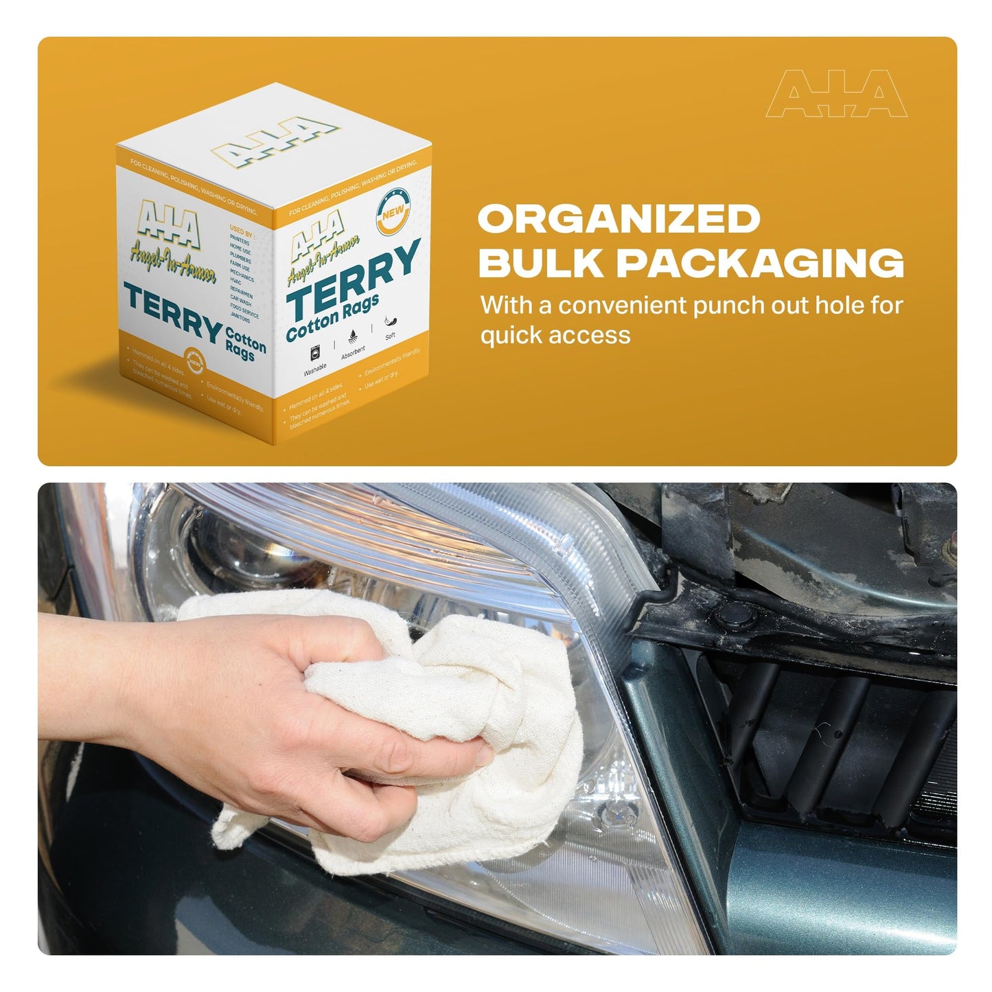 Angel-in-Armor White Terry Cloth Rags (16” x 19”) – 50lb Bulk Box of 100% Cotton Cleaning Rags – Reclaimed Towels for Plumbers, Shop Use, Janitorial, and Commercial Cleaning