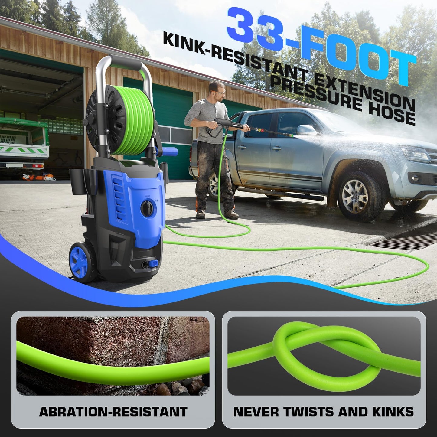 4800 PSI Pressure Cleaner- 4.0 GPM High Power Cleaner with 33FT Hose Reel, 4 Spray Tips and Soap Bottle for Car Washing, Fence Cleaning, Patio Maintenance（Upgraded）(Blue)