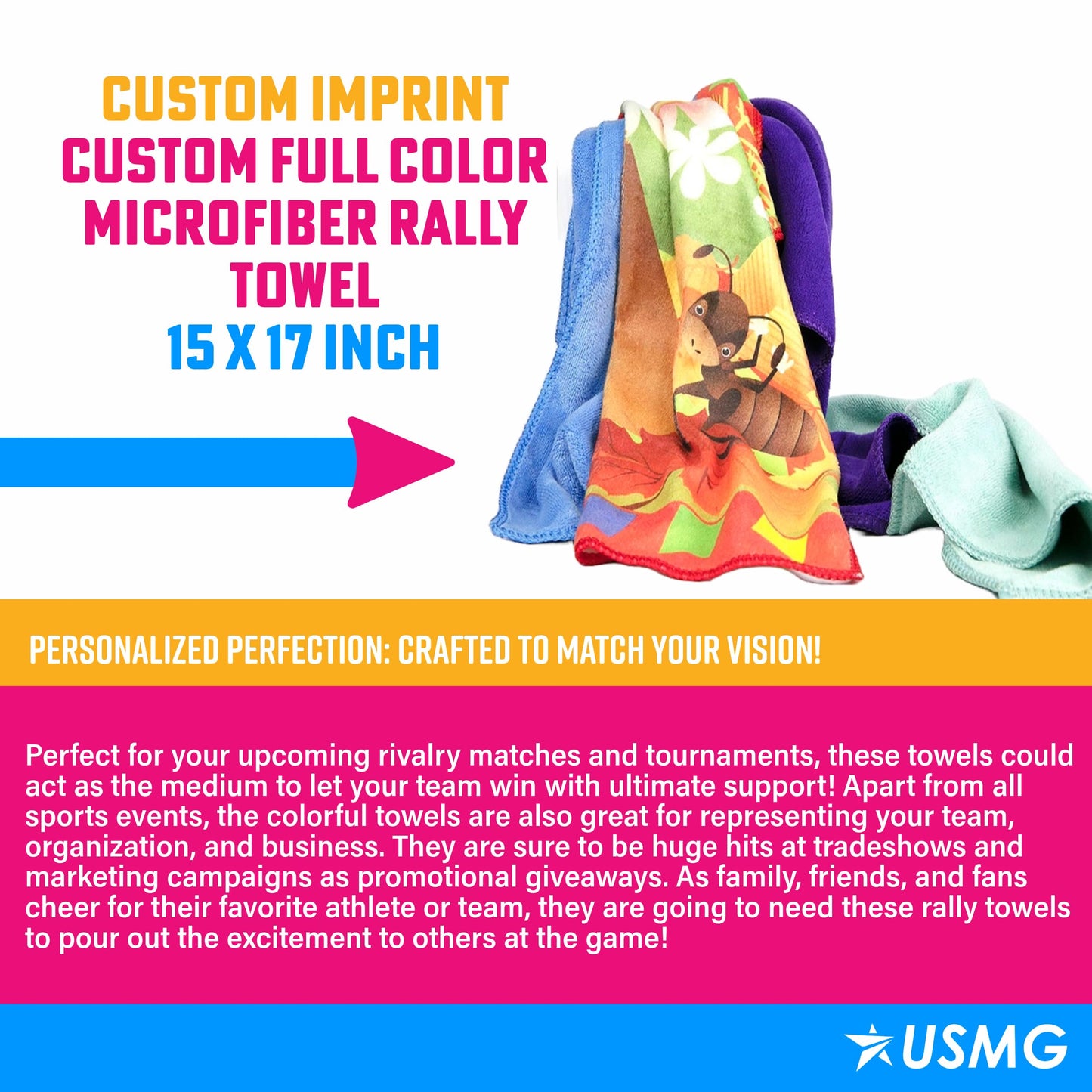 USMG Custom Full Color Microfiber Rally Towel – 15x17 Inch Personalized Team Spirit Towel for Sports Events, Gifts, Promotions, and Crowd Engagement (Red, Qty 100)