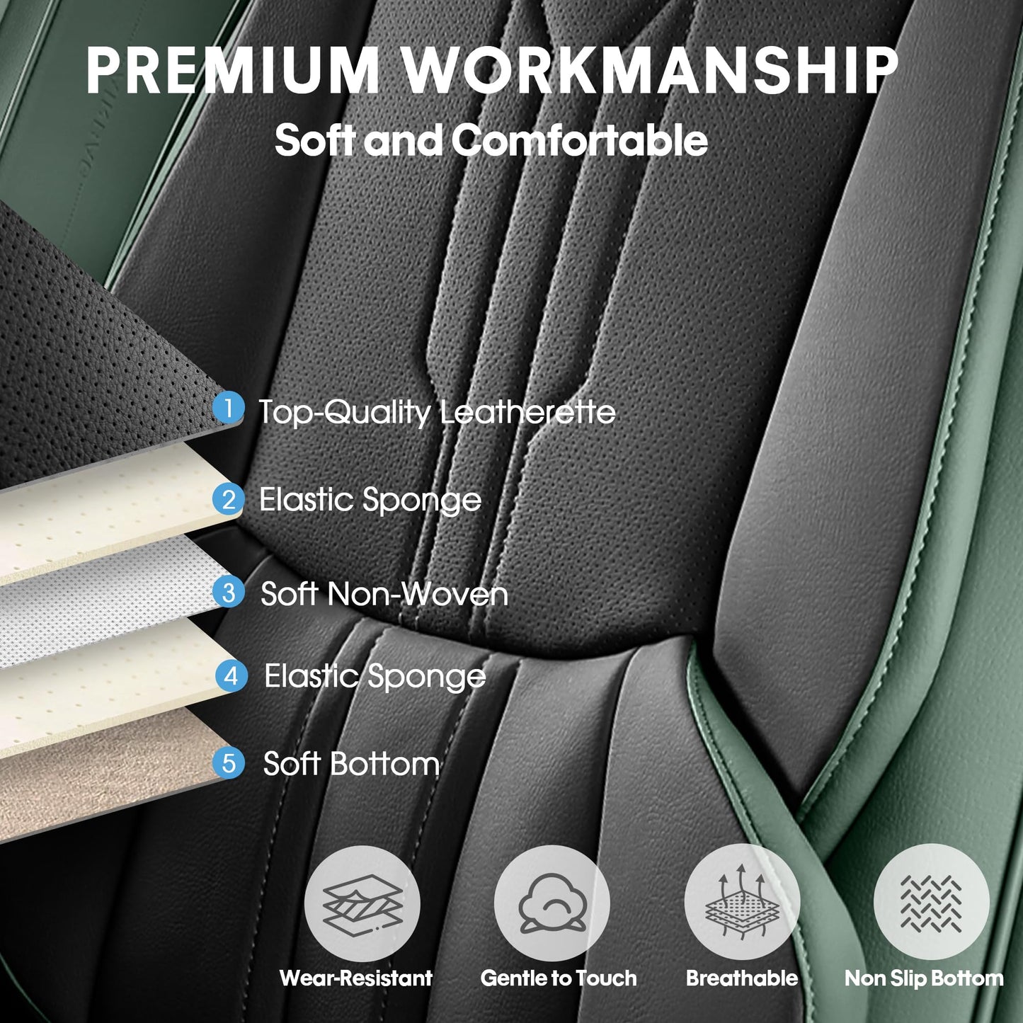 AOOG Car Seat Covers Full Set, Leather Seat Covers for Car, Waterproof Car Seat Protector with Lumbar Support, Automotive Seat Covers Universal Fit for Most Cars SUV Trucks (Full Set, Green&Black)