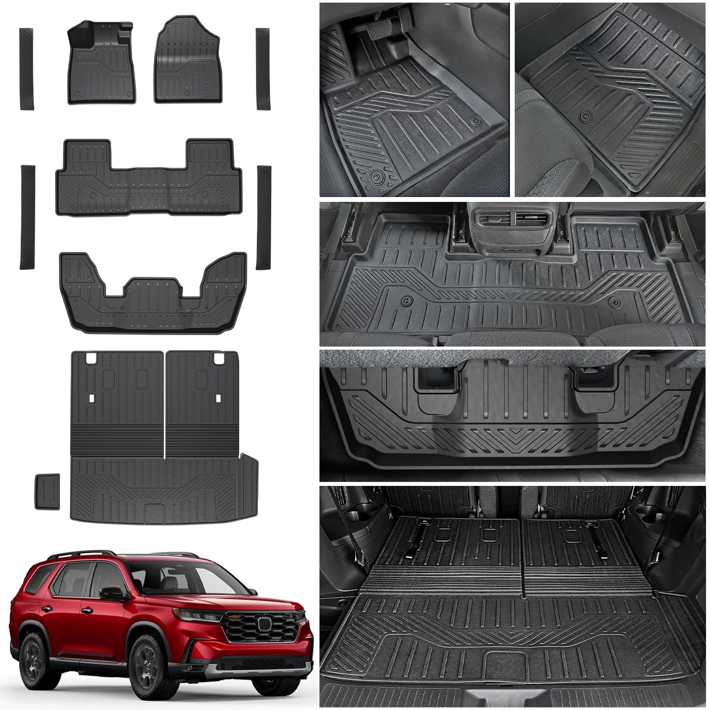 HOUCLEMIC Floor Mats for 2023-2025 Honda Pilot Cargo Mat with Backrest Mat All Weather TPE Cargo Liner Car Mats Replacement Protection for 2025 Honda Pilot Accessories Door Sill Guards