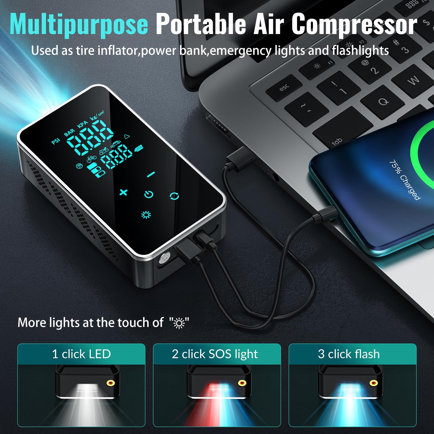 Tire Inflator Portable Air Compressor for Car Tires-Super Battery Air Pump 150 PSI- Tire Pump Electric with Touch Screen-Portable Tire inflator with Gauge for Bike, Motocycle, Ball-Black Green