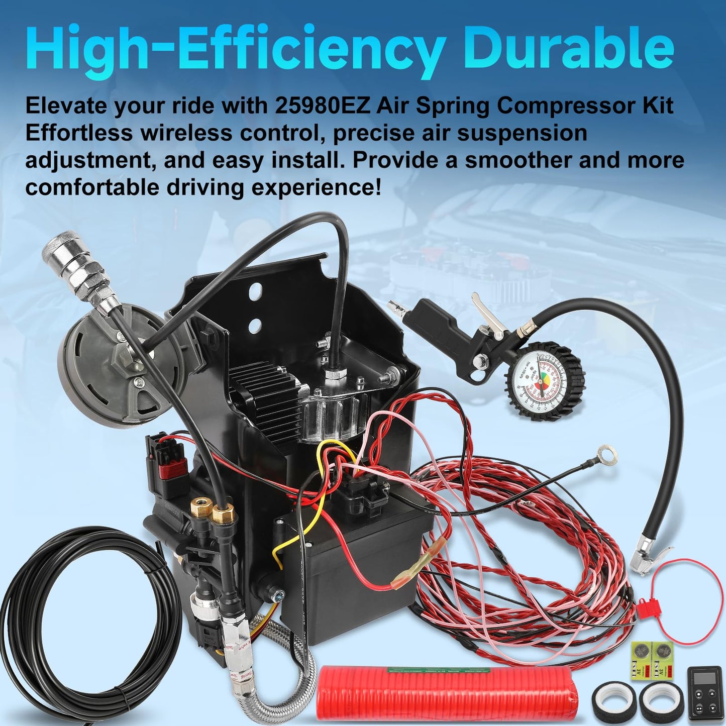 25980EZ Wireless On Board Air Compressor System, Air Spring Compressor Kit, with a portable tire inflation kit