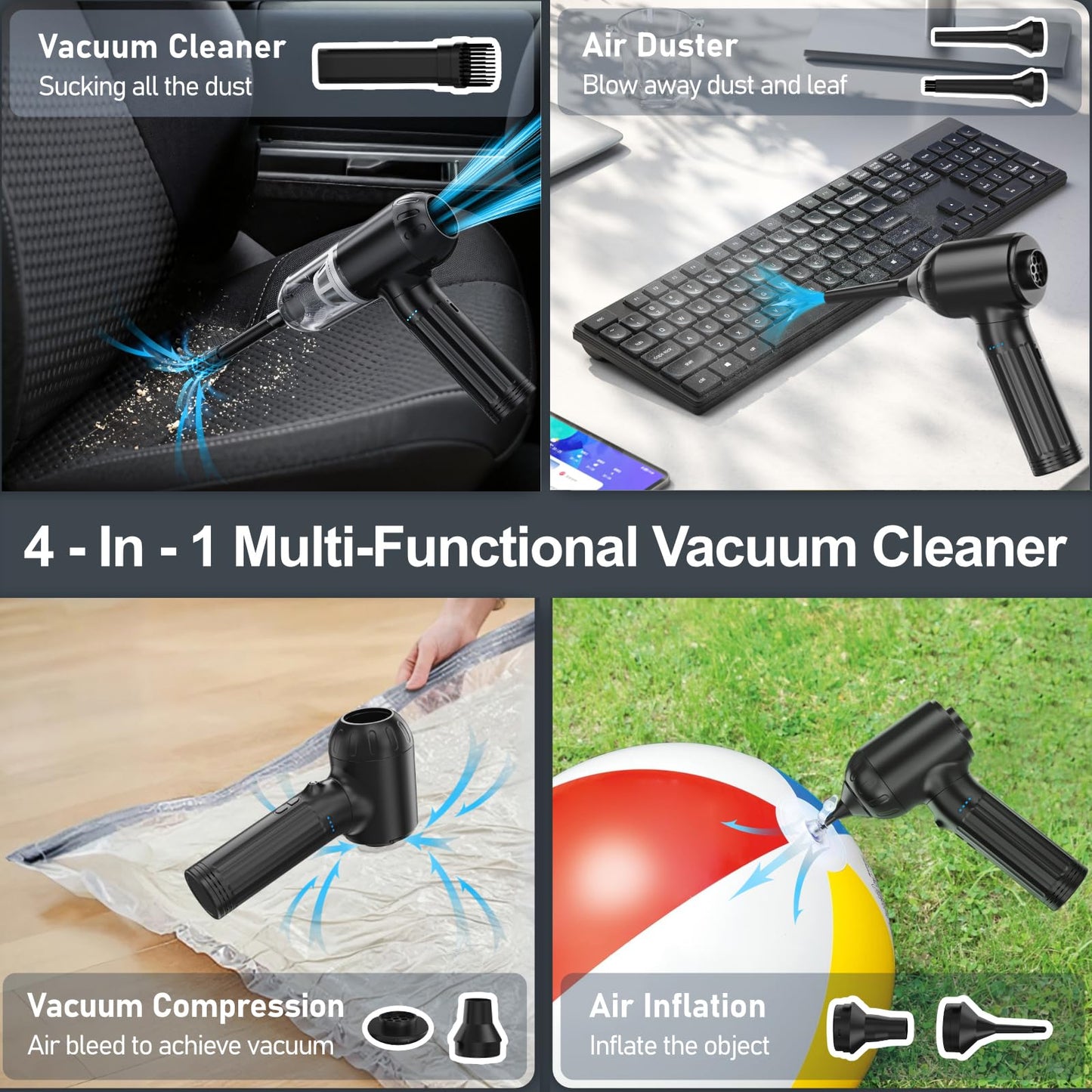 OGMAPLE Car Vacuum Cleaner High Power Handheld Vacuum 150W 17000Pa 4-in-1 Mini Vacuum Cleaner Cordless and Air Duster with 180° Adjustable Handle Led Light Portable Vacuum for Car, Home, Deep Black