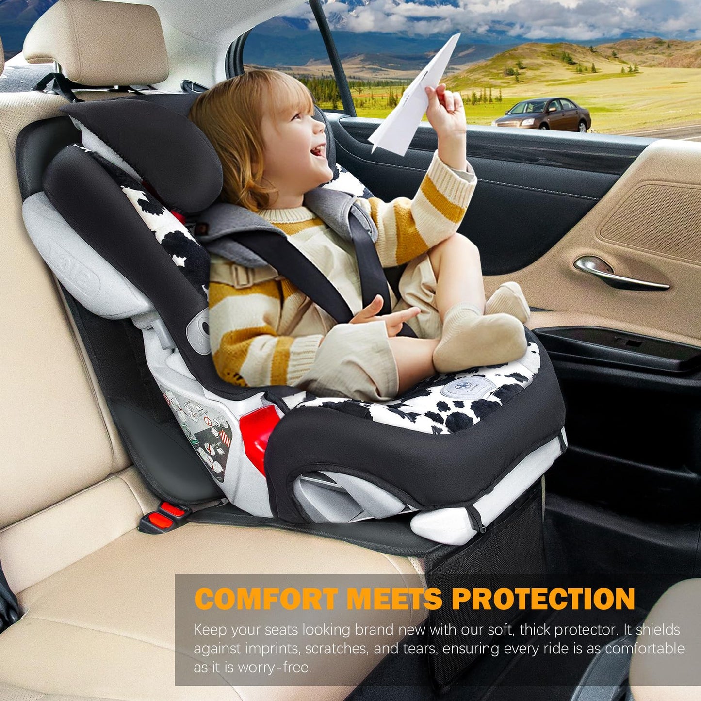 Siivton Car Seat Protector for Child Car Seat,Waterproof Car Seat Cover for Leather and Fabric Seats, 2 Mesh Pockets, Non-Slip Bottom,Thick Padding Cushion (Black)