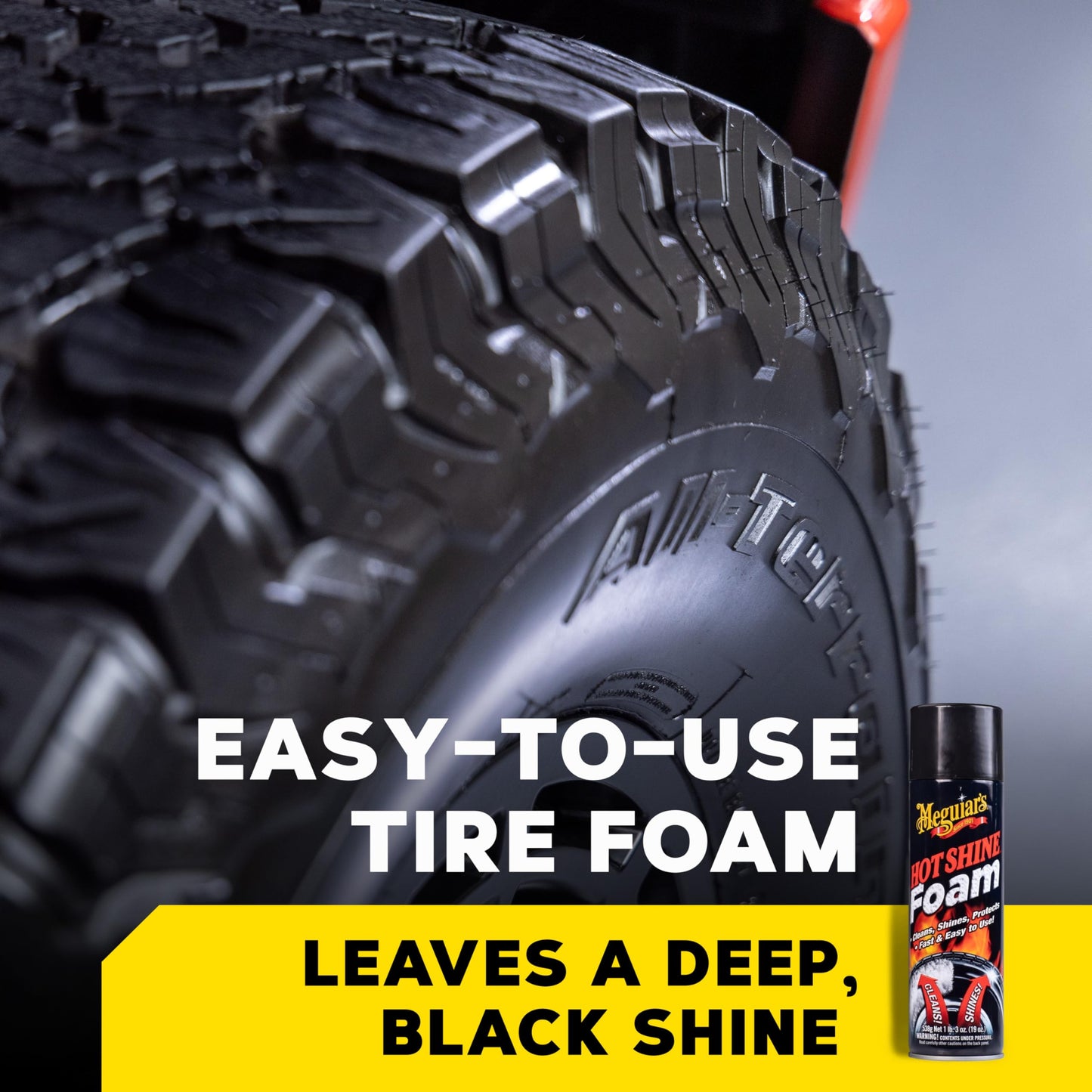 Meguiar's Hot Shine Tire Foam - High Goss Tire Shine That Cleans, Shines, and Protects in One, Deep, Black Shine with Conditioners and UV Protection to Help Keep Tires Looking Like New, 19 Oz Aerosol