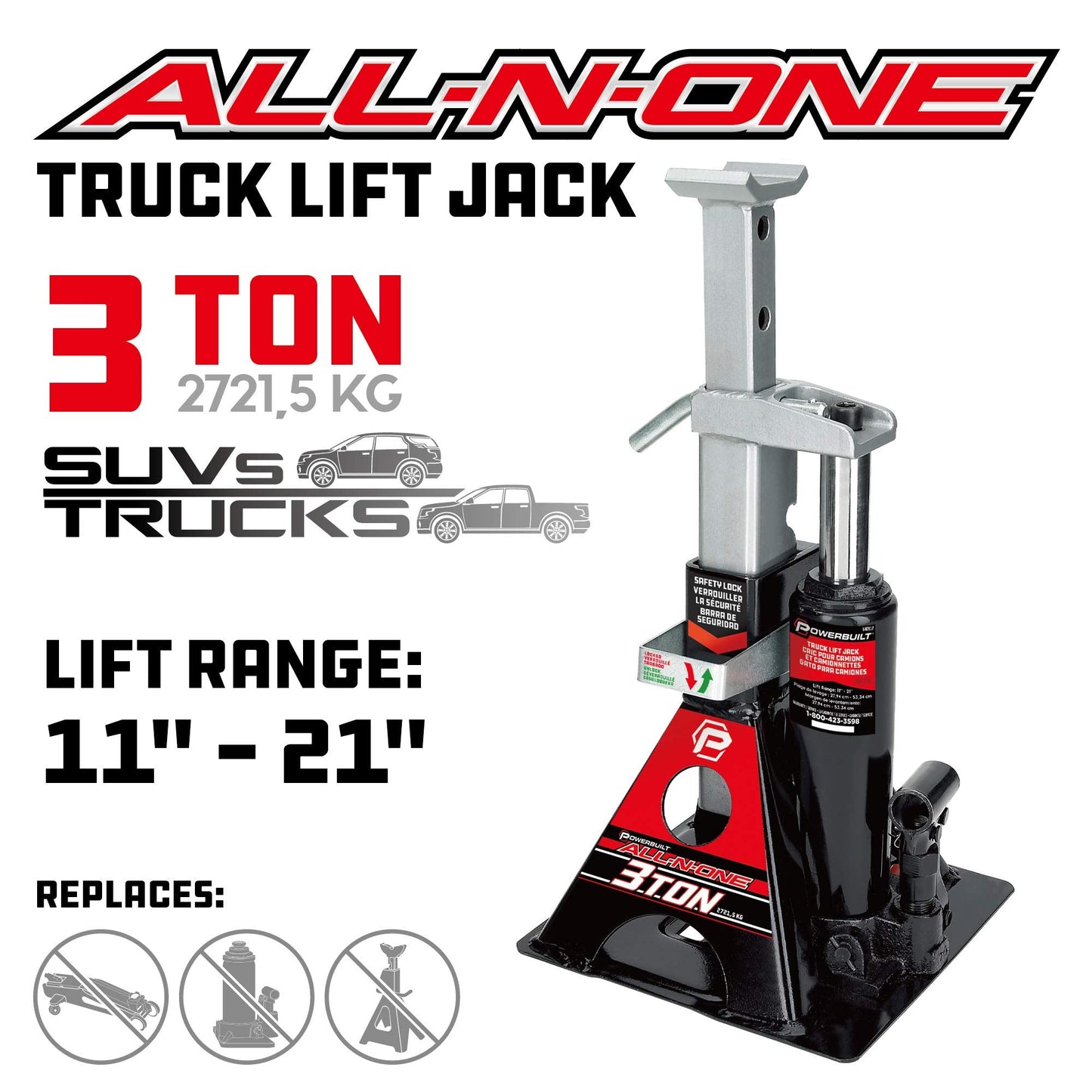 Powerbuilt 3 Ton All-in-One Hydraulic Bottle Jack and Jackstand in One Unit, Compact, Wide Base, 11-21 Inch Range, Eliminates Jackstands, for Unibody, Trucks, SUVs, RVs, Cars, Trailers, ASME - 640912
