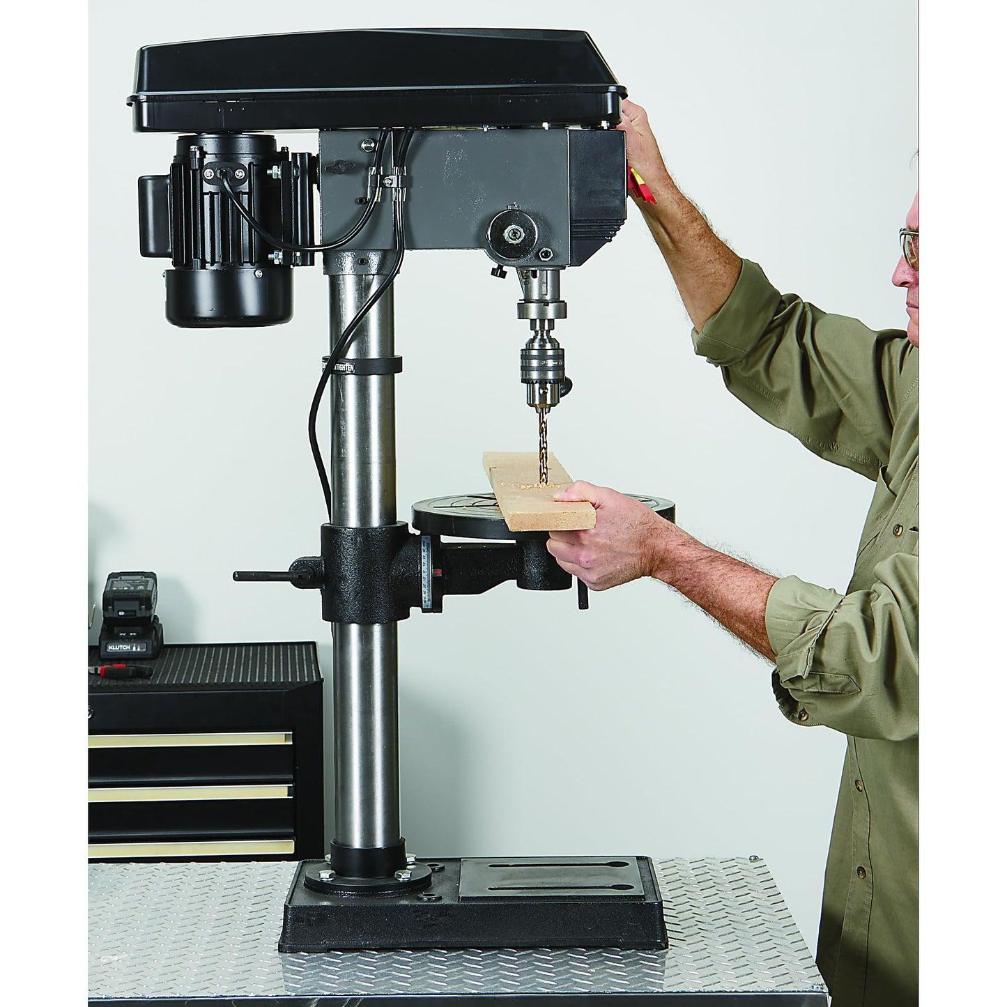 Klutch 13in. Benchtop Drill Press, 3/4 HP, 120 Volts, 5/8in. Chuck w/1in. Drilling Capacity, 45° Table Tilt