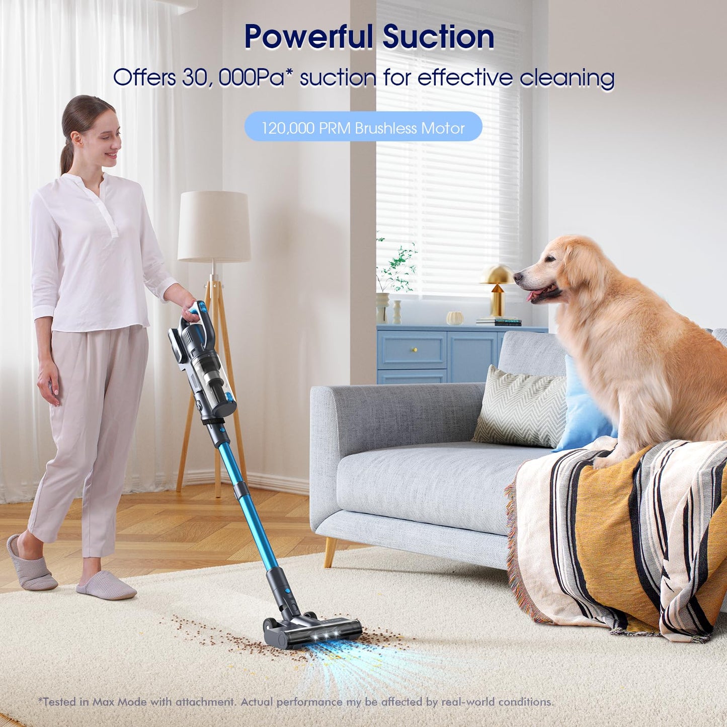 MIUZZY 35,000pa Cordless Vacuum Cleaner, Max 50 Minutes, Lightweight Cordless Cleaners for Home, Stick and Handheld Vacuum for Carpets, Hard Floor, Pet Hair, Cars (Blue)