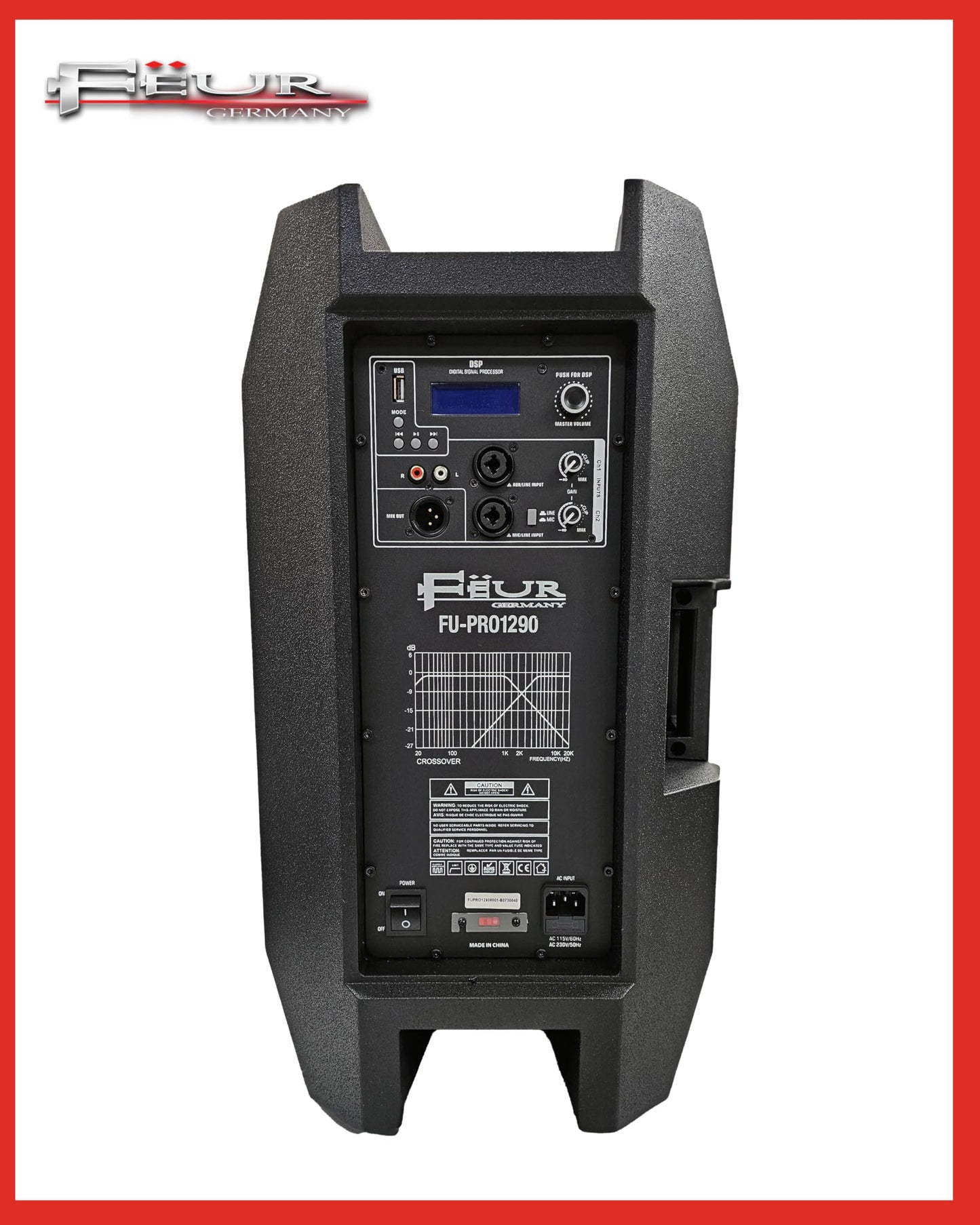 FEUR 12" Two-Way Active Loudspeaker 1400 Watts Max with (DSP) Monitor, USB Port, Bluetooth, RCA Inputs, Speakon Inputs, and XLR Output FU-PRO1290
