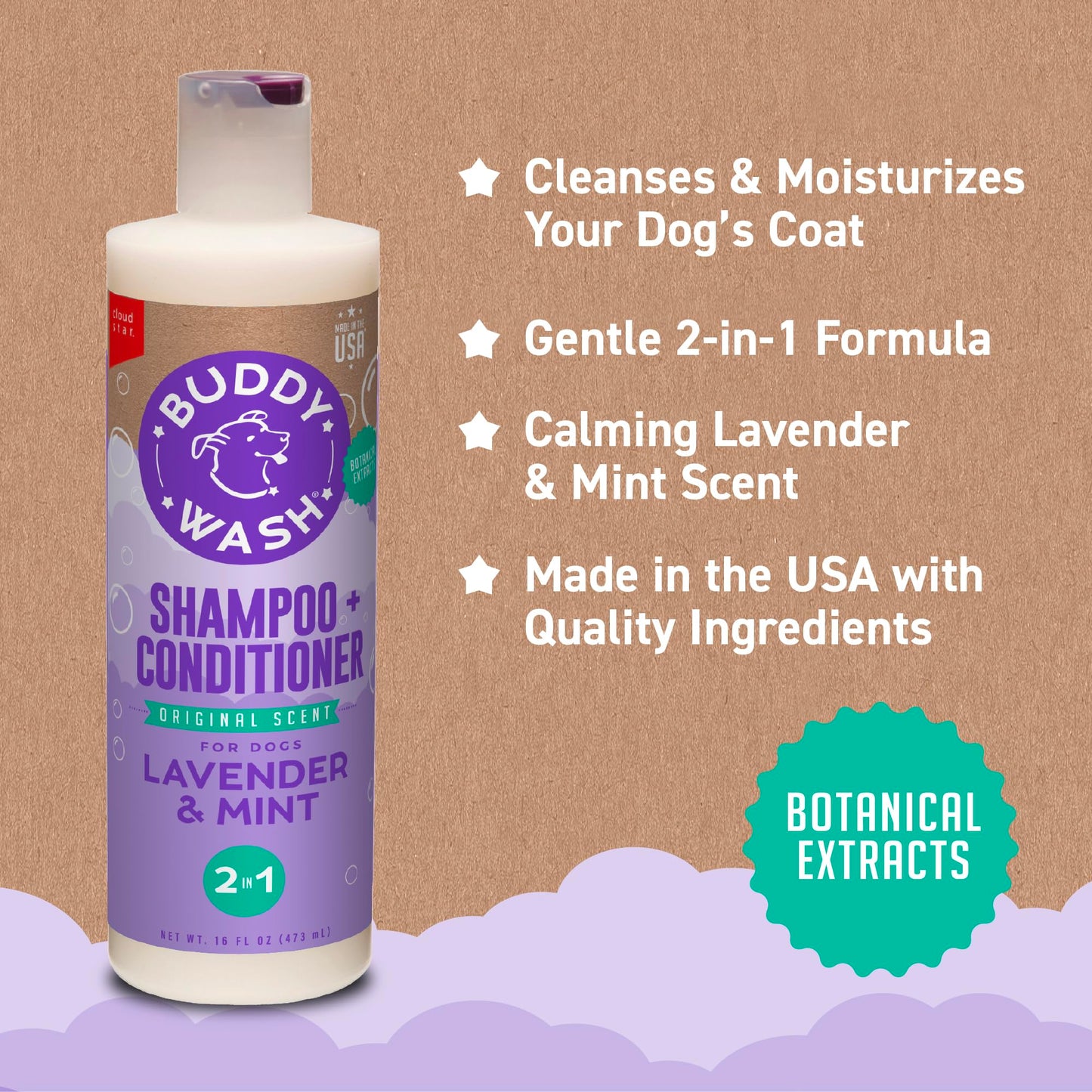 Buddy Grooming Wash 2 in 1 Dog Shampoo, Lavender & Mint, 16 oz. Bottle