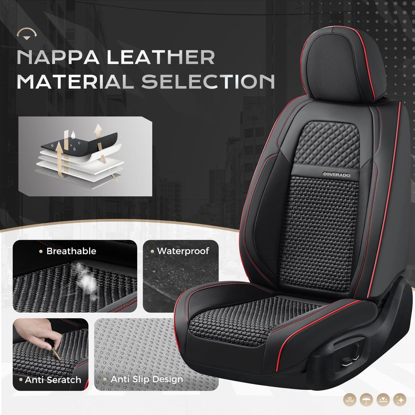 Coverado Car Seat Covers Full Set, Nappa Leather Black Seat Covers for Cars, Waterproof Car Seat Protector, Front and Back Seats Universal Fit for Most Vehicles