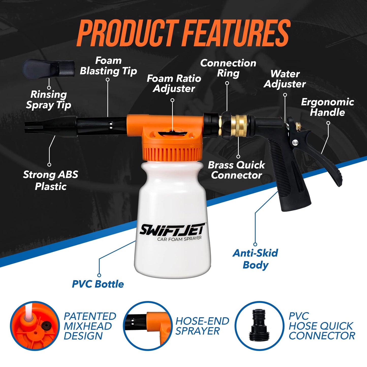 SwiftJet Car Wash Foam Gun + Microfiber Wash Mitt - Car Foam Sprayer - Car Wash Kit - Foam Cannon Garden Hose Sprayer - - Car Accessories for Men - Snow Foam Blaster (Orange Foam Gun with Mitt)