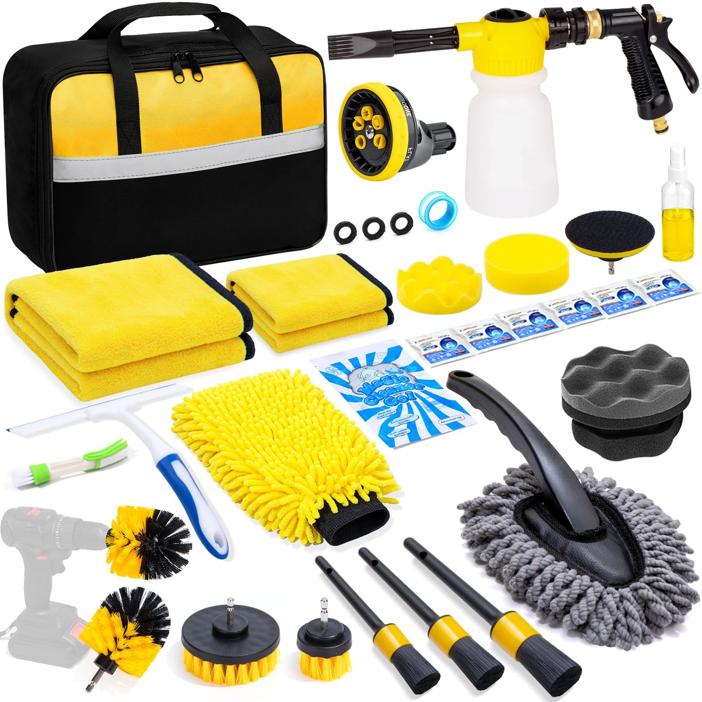 YJUSMAK 26Pcs Car Wash Cleaning Kit with Foam Gun - Tire Polishing Applicator Pad, Car Detailing Kit for Cars, Trucks, SUVs, Jeeps
