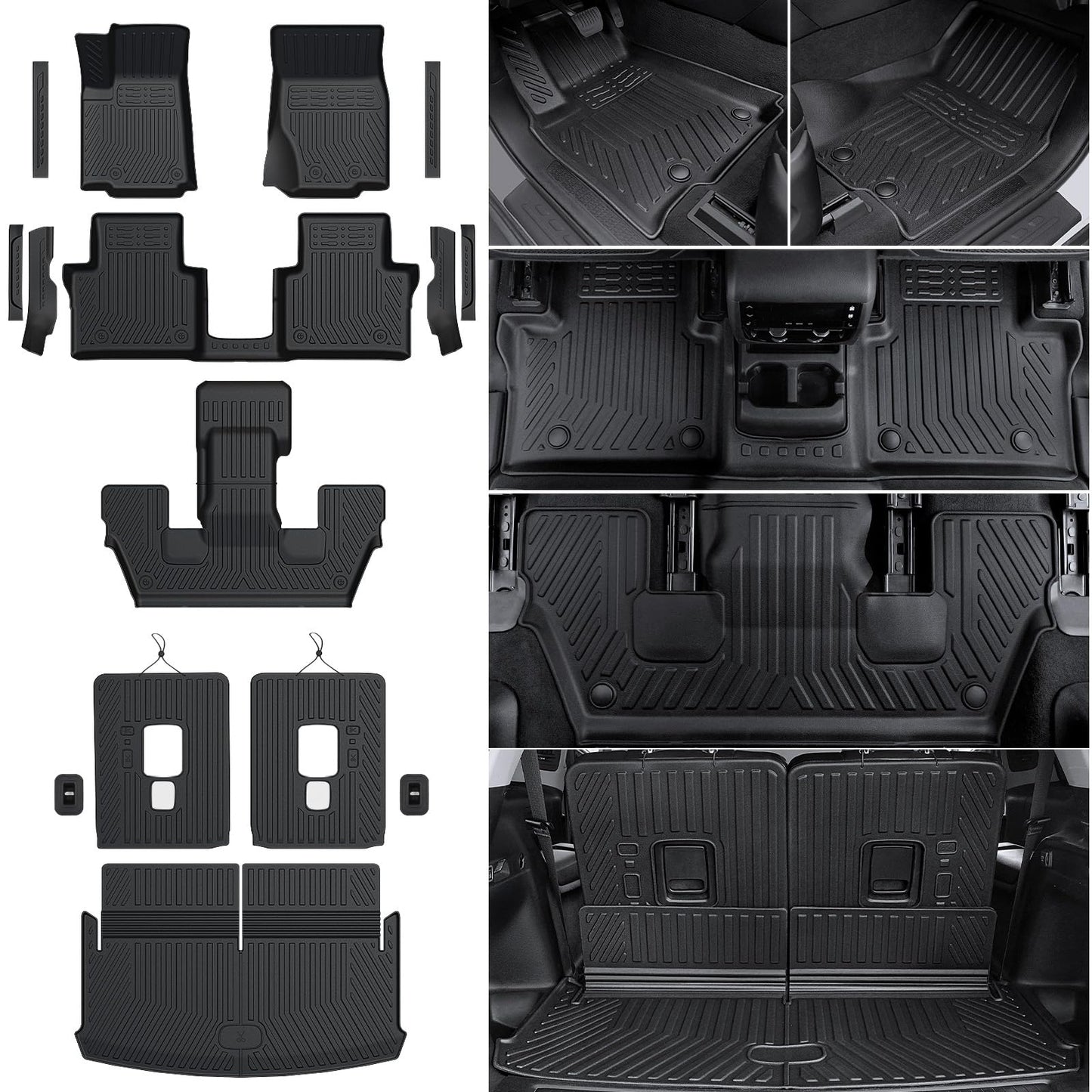 HOUCLEMIC Floor Mats for 2021-2025 Jeep Grand Cherokee L (6-Seater w/o Center Console), TPE Cargo Mat with Manual-Fold 3rd Row Seatback Cover & Door Sill Guards for 2025 Grand Cherokee L Accessories