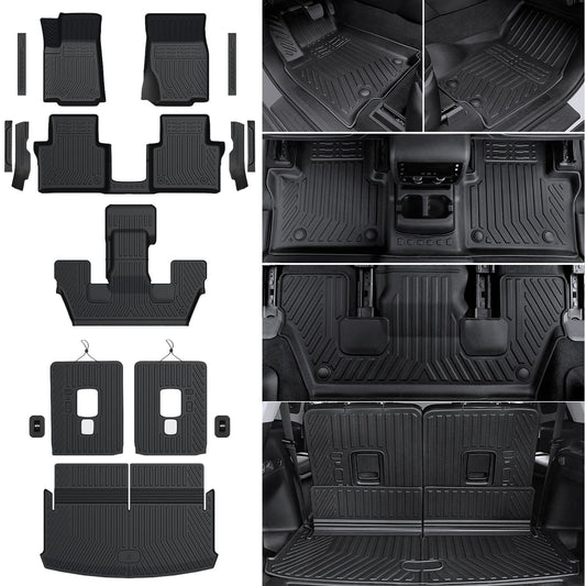 HOUCLEMIC Floor Mats for 2021-2025 Jeep Grand Cherokee L (6-Seater w/o Center Console), TPE Cargo Mat with Manual-Fold 3rd Row Seatback Cover & Door Sill Guards for 2025 Grand Cherokee L Accessories