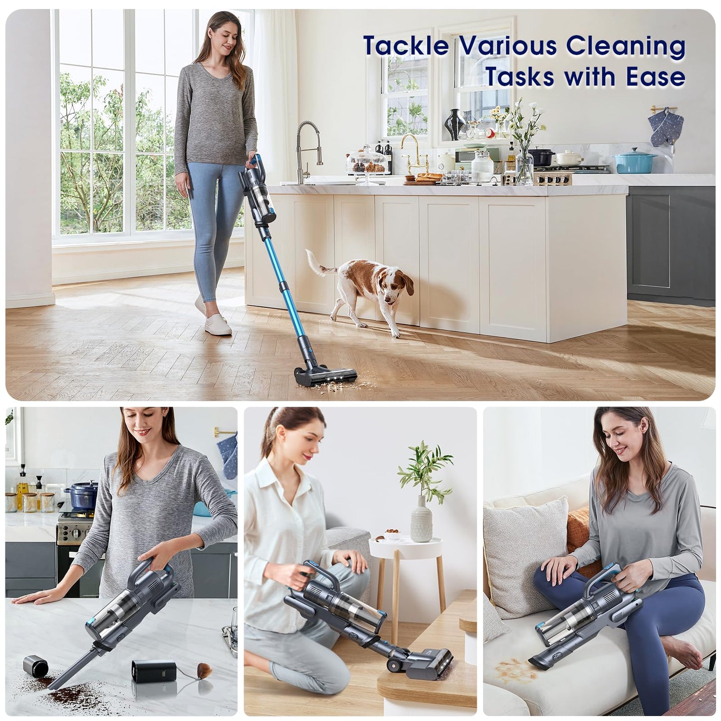 MIUZZY 35,000pa Cordless Vacuum Cleaner, Max 50 Minutes, Lightweight Cordless Cleaners for Home, Stick and Handheld Vacuum for Carpets, Hard Floor, Pet Hair, Cars (Blue)