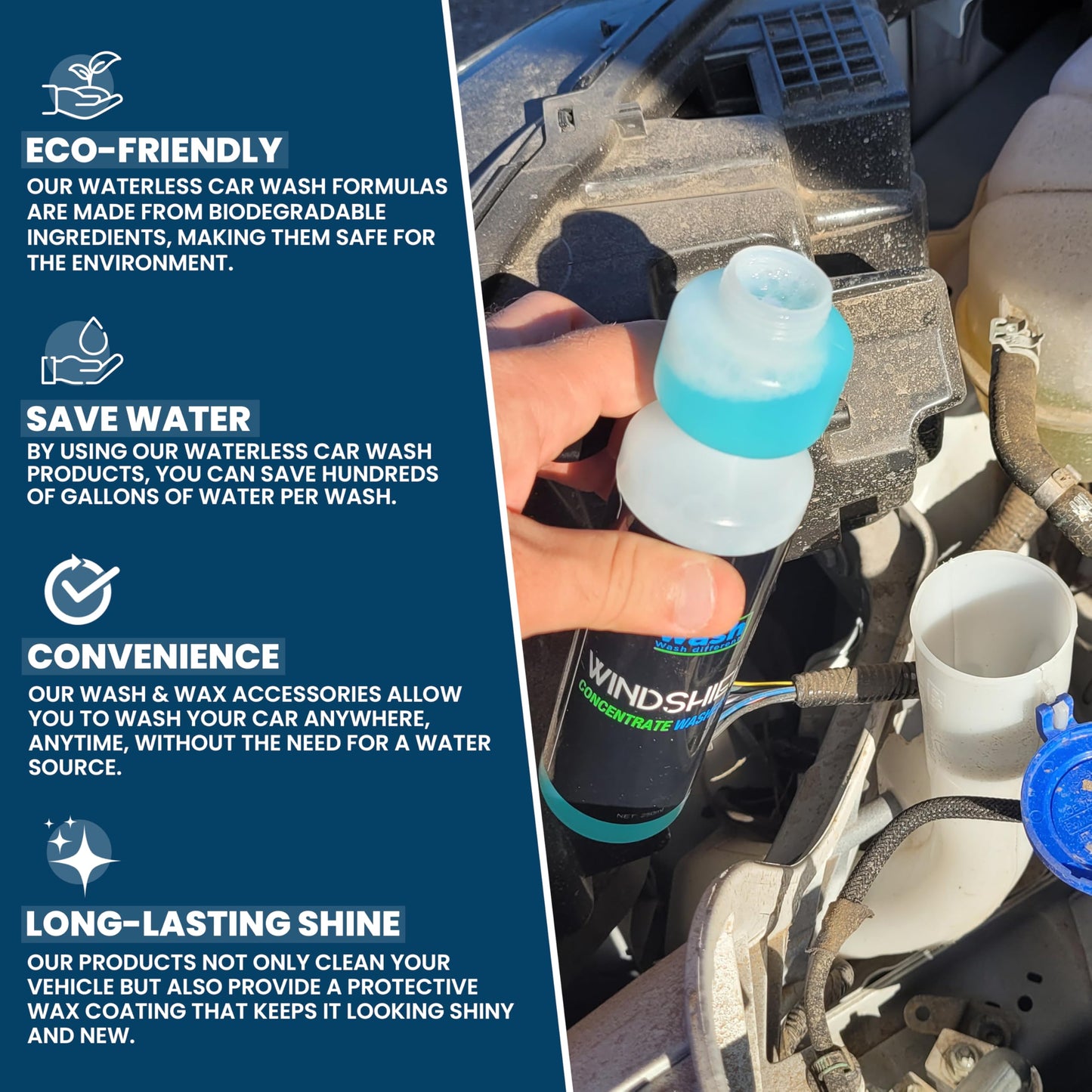 EZ eco wash Windshield washer fluid concentrate - 1:200 High-strength formula (250ml) with built-in pump - Removes dirt, bugs, and oil - safe for all surfaces, Ammonia-free