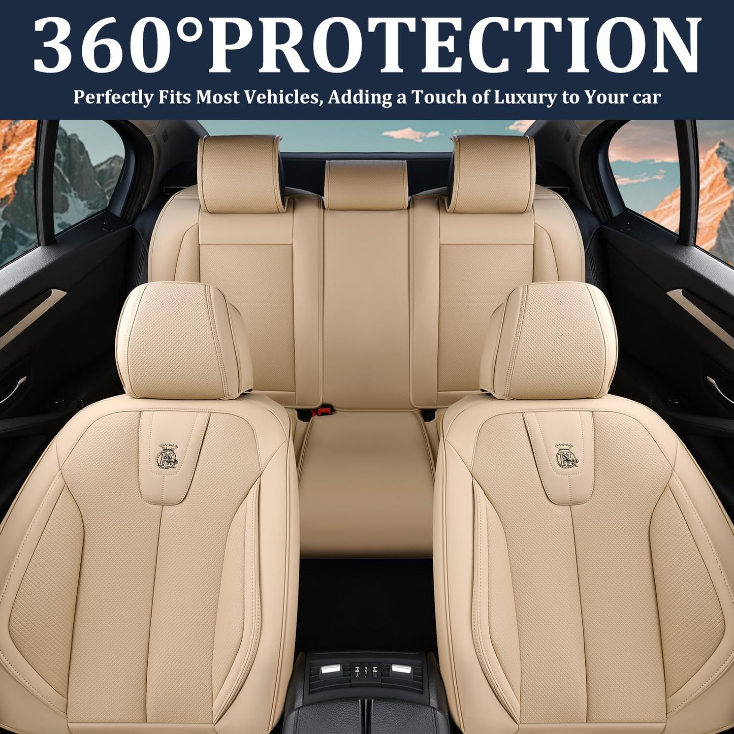 Aupaver Leather Seat Covers Full Set, Waterproof Seat Cover for Cars 5 Seats, Luxury Leatherette Car Seat Cushion, Front and Rear Protectors Automotive Seat Covers for Sedan SUV Pick-up Truck, Beige
