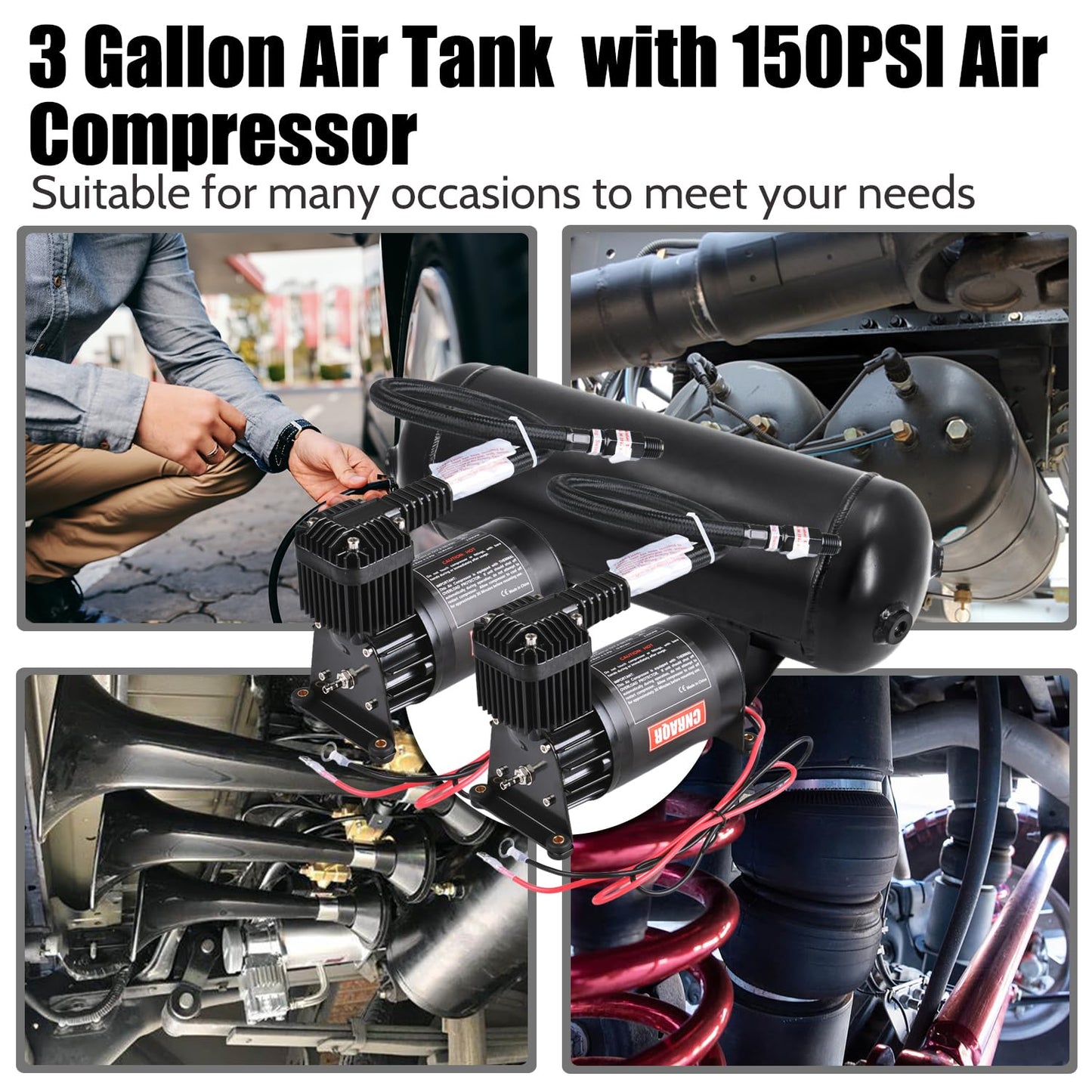 CNRAQR 3 Gallon Air Tank with 150PSI Air Compressor 2PCS for Suspension/Air Ride/Bag/Car Train Truck Horn Aluminum 12 Liter Compressed air Storage Tank Onboard System Air Suspension Compressor Kit