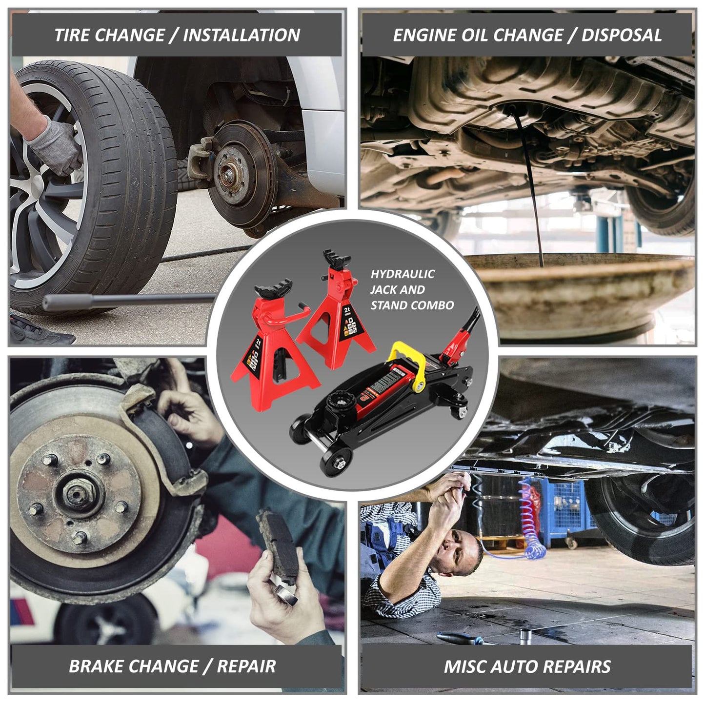 DNA MOTORING TOOLS-00280 Low Profile Hydraulic Trolley Service/Floor Jack Combo with 2 Ratchet Jack Stands, 2 Ton (4000 lbs) Capacity