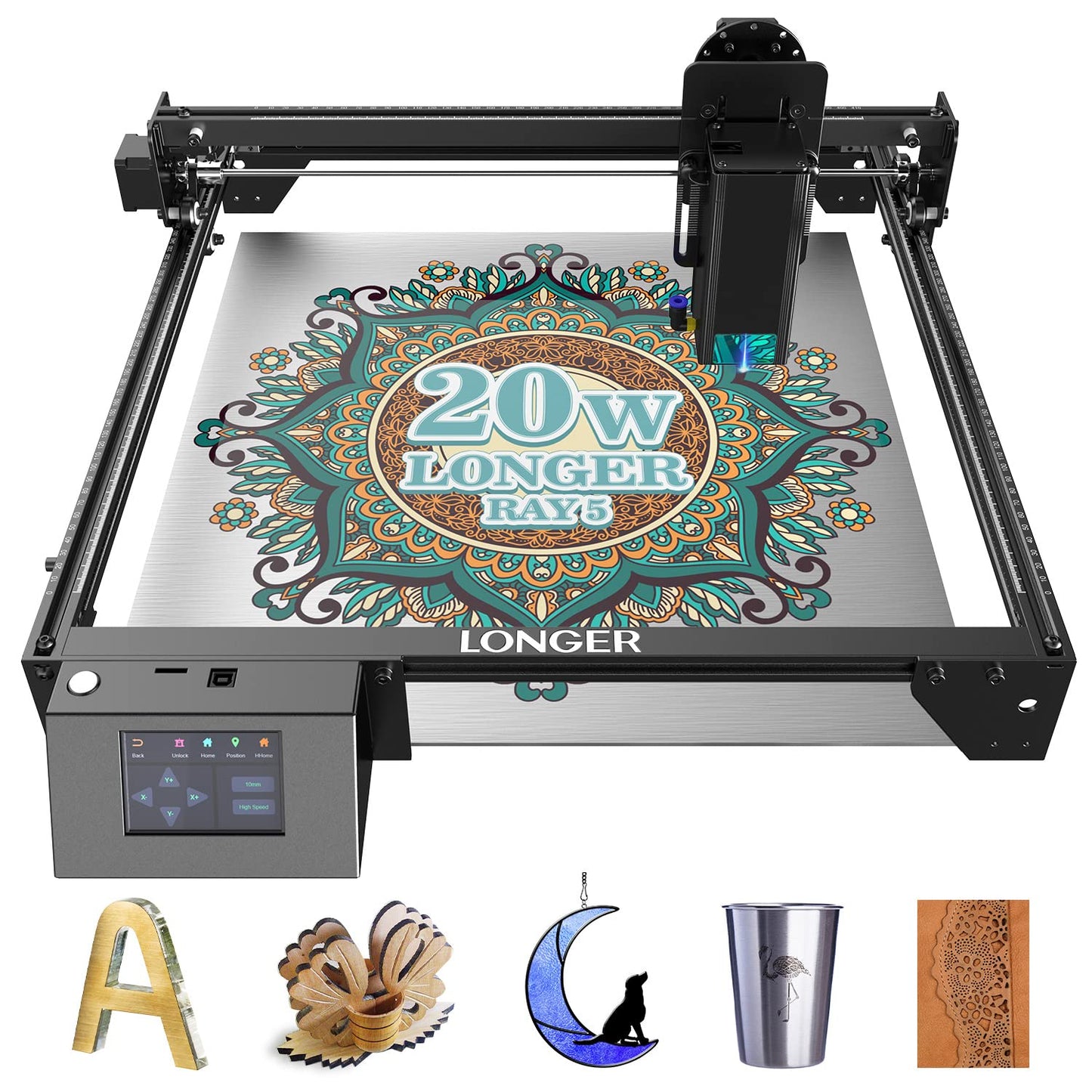 LONGER RAY5 130W Laser Engraver, 20W Output CNC Laser Cutter DIY Laser Engraving Machine, Exclusive 3.5" Touch Screen for DIY, Cutting Tool for Metal Colorizing, Wood, Acrylic, Leather, Glass