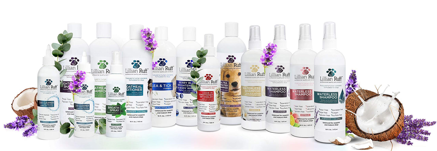 Lillian Ruff Ultra-Brightening Professional Whitening Shampoo for Dogs with Aloe & Coconut Oil for Dry Skin & Itch Relief - pH-Balanced Dog Whitening Shampoo Remove Stains, Yellowing, & Odor (16oz)