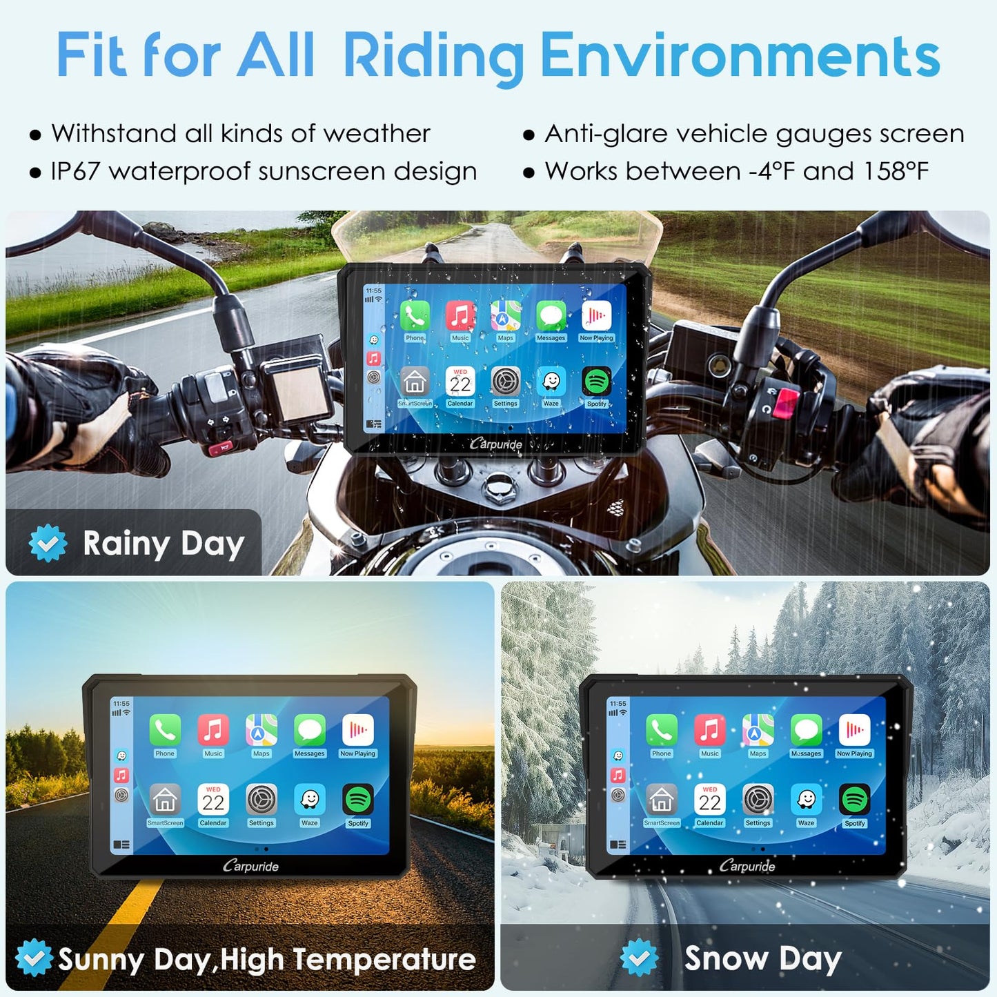 Carpuride W702PRO for Motorcycle CarPlay& Android Auto& Dual Bluetooth - 7" Waterproof GPS Navigation Screen for Motorbike, Music Sharing, Intercom, EQ, Light Sensor, Compass, Barometer