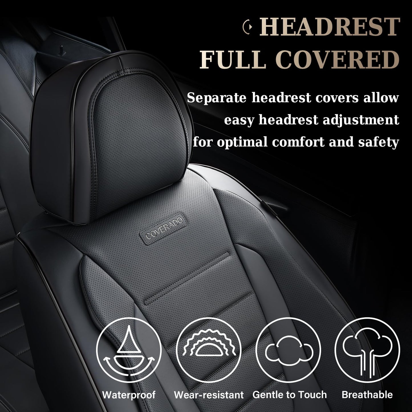 Coverado Seat Covers Full Set, Car Seat Cover Black, Seat Covers for Cars, Car Seat Protector, Nappa Leather Car Seat Cushion, Waterproof Car Seat Covers Front Seats and Back Fit for Most Cars