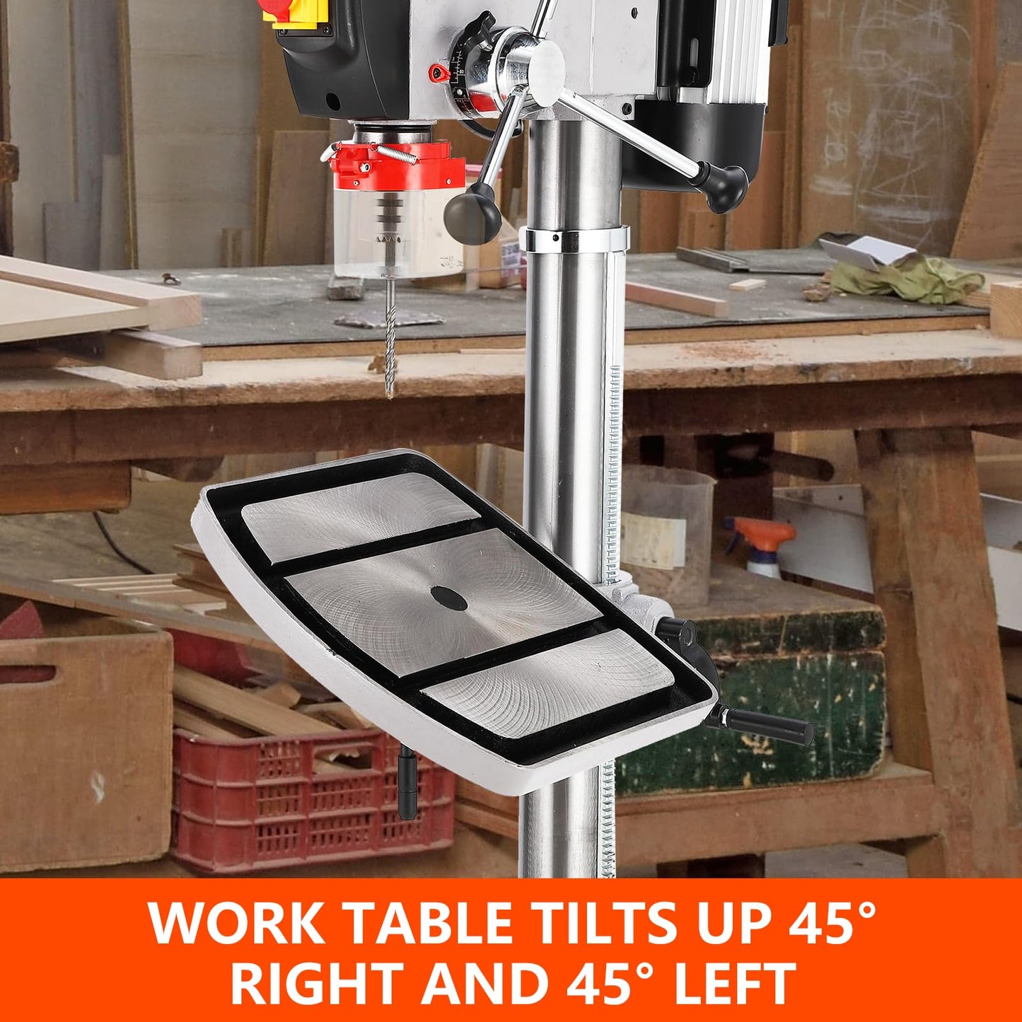 17 in Floor Drill Press, 12 Amp 120V Pure Copper Motor, 200-3630 RPM 16 Variable Speed Cast Iron Bench Drill Press, 0-45° Tilting Worktable, Tabletop Drilling Machine for Wood Metal