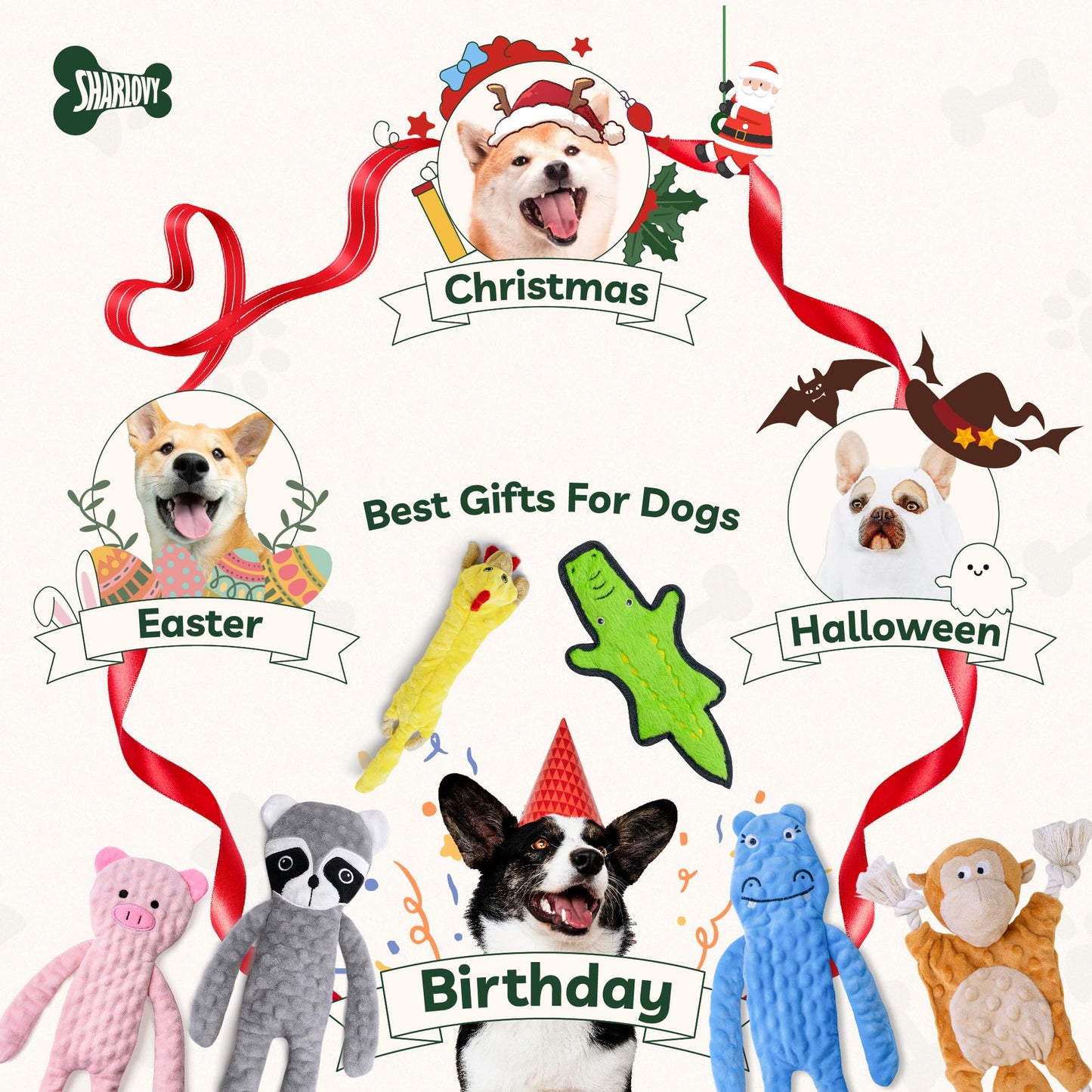 SHARLOVY No Stuffing Dog Toys Crinkle Squeaky, Long Lasting Chews for Aggressive, Durable Plush Dog Puppy Chew Toys for Teething, with 6 Tough Layers for Small Medium Large Breed