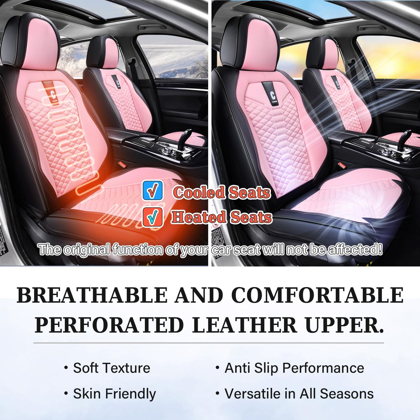 Coverado Car Seat Covers Full Set, 5 Seats Universal Seat Covers for Cars, Breathable Fabric& Faux Leather Auto Seat Cushions, Front and Rear Seat Protectors Fit for Most Sedans SUV Truck, Pink