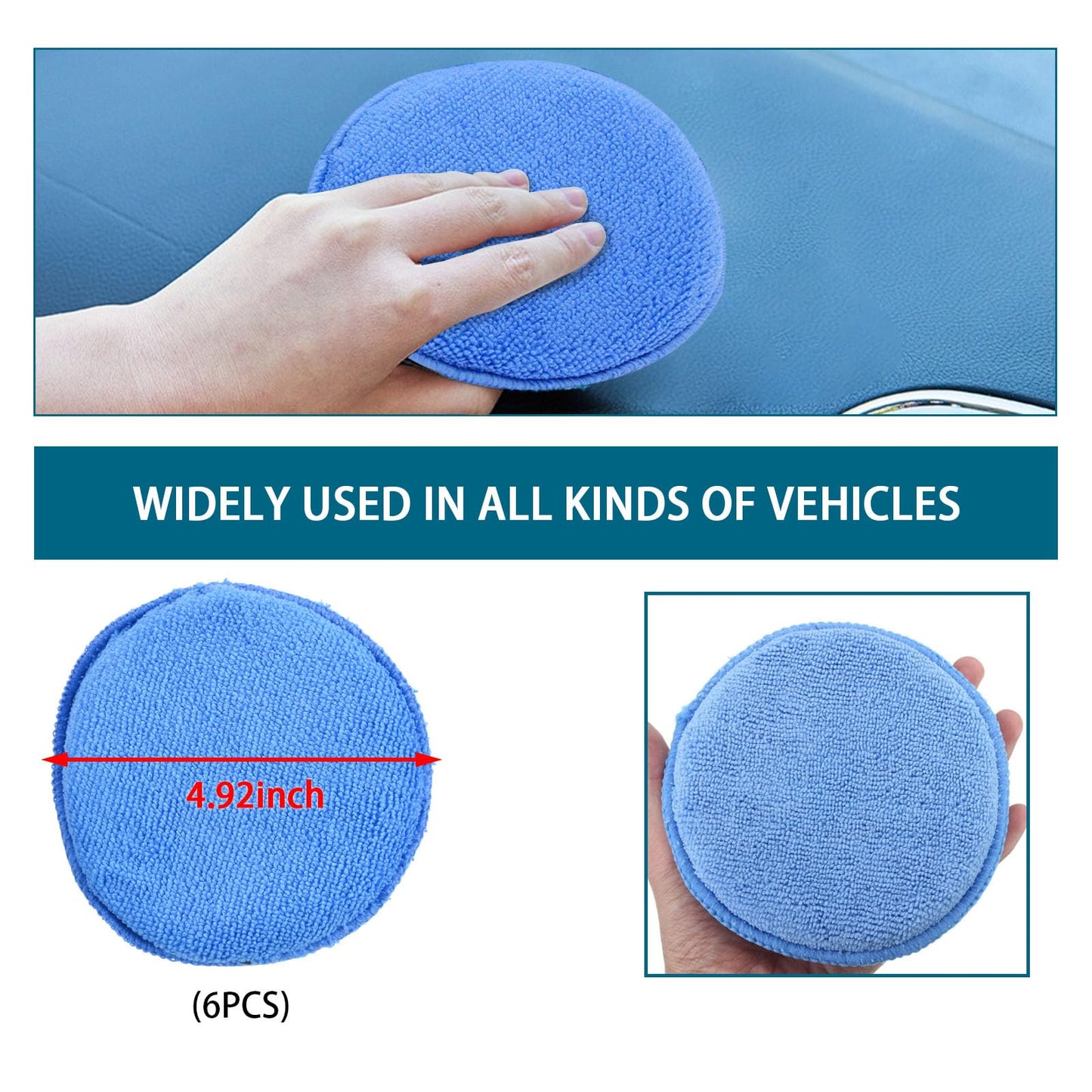 Ziciner 6 Pack Car Microfiber Applicator Pads, Car Wax Foam Buffing and Cleaning Pads, Tire Shine Applicator, Ultra Soft Wash Sponge for Cars, 5 Inch Diameter in Round