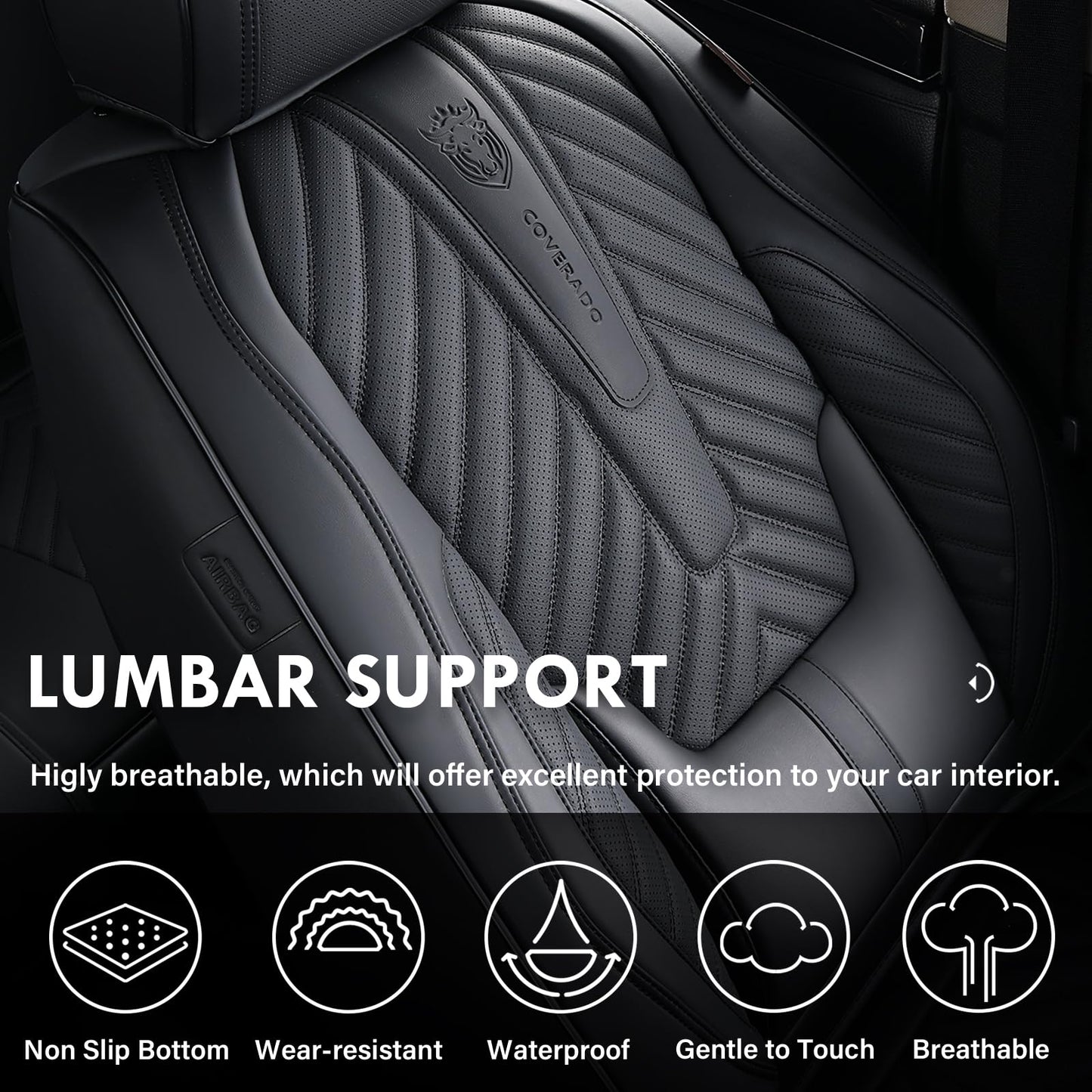 Coverado Seat Covers Full Set, Luxury Leather Car Seat Covers for Car with Lumbar Support, Automotive Seat Covers Waterproof Car Seat Protector Universal Fit for Most Cars SUV Truck(Black)