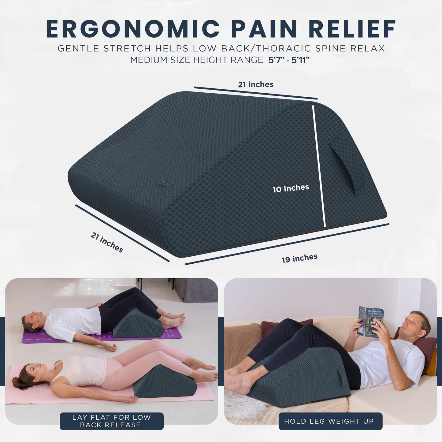 Zen Bloks Patented Leg Elevation Wedge Lift Pillow Foam 10"- for Ergonomic Back Pain Relief - Knee Pillow for Leg Pain - Post Surgery/Workout Recovery, Firm Support, Height Range 5'7"-5'11" (Gray)
