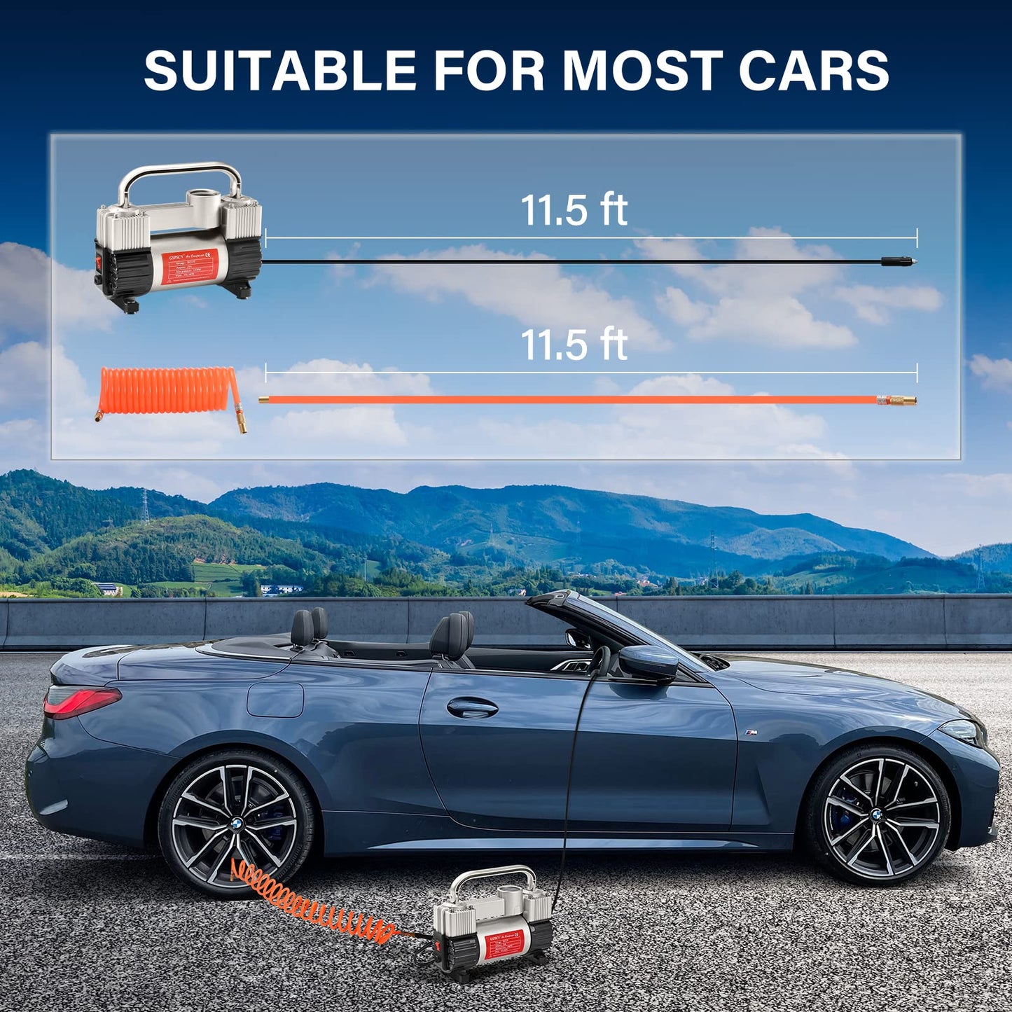 GSPSCN Silver Tire Inflator Heavy Duty Double Cylinders with Portable Bag- Car Accessories，Metal 12V Air Compressor Pump 150PSI with Adapter for Car, Truck, SUV Tires, Dinghy, Air Bed etc