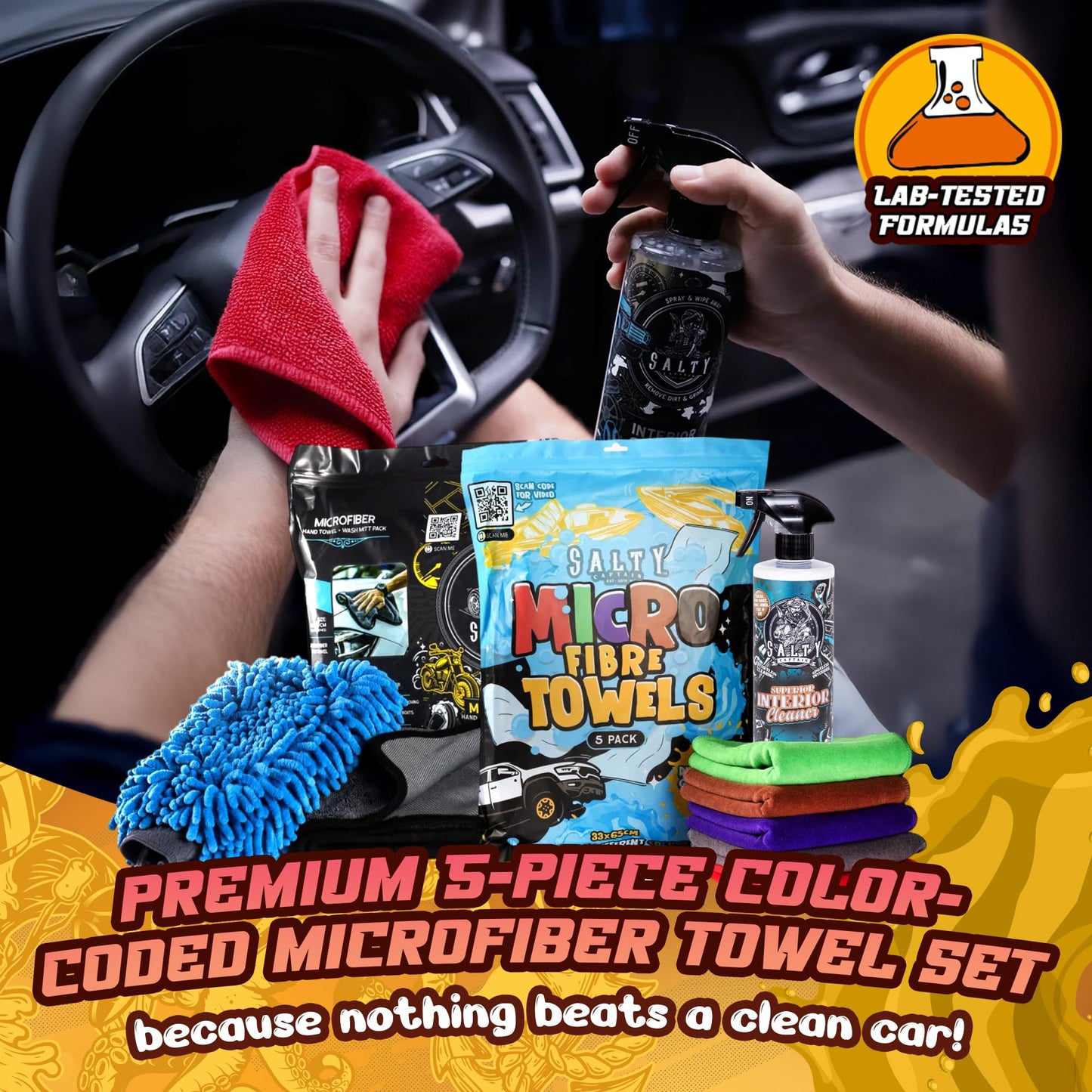 Salty Captain Mega 20-Piece DIY 4WD Cleaning Kit – All-in-One Car Detailing Kit with 2x Buckets, Towels, Brushes & 6x Cleaning Fluids – Foam Blaster compatible with Garden Hose – Premium Quality