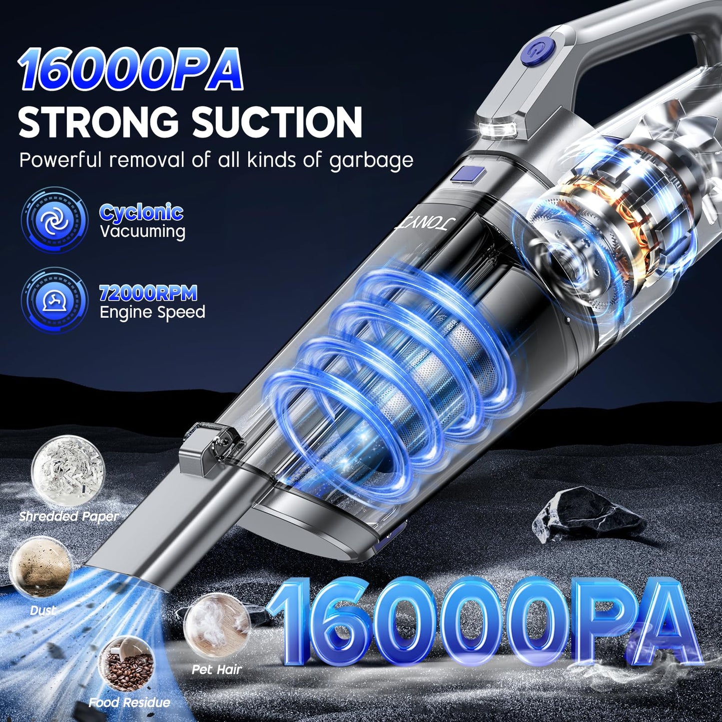 JONYJ Handheld Vacuum Cordless, 16000PA Strong Suction Hand Held Car Vacuum Cleaner, Portable Hand Vacuum Rechargeable with Multi-Nozzles & LED Light for Home, Car, Office, Pets