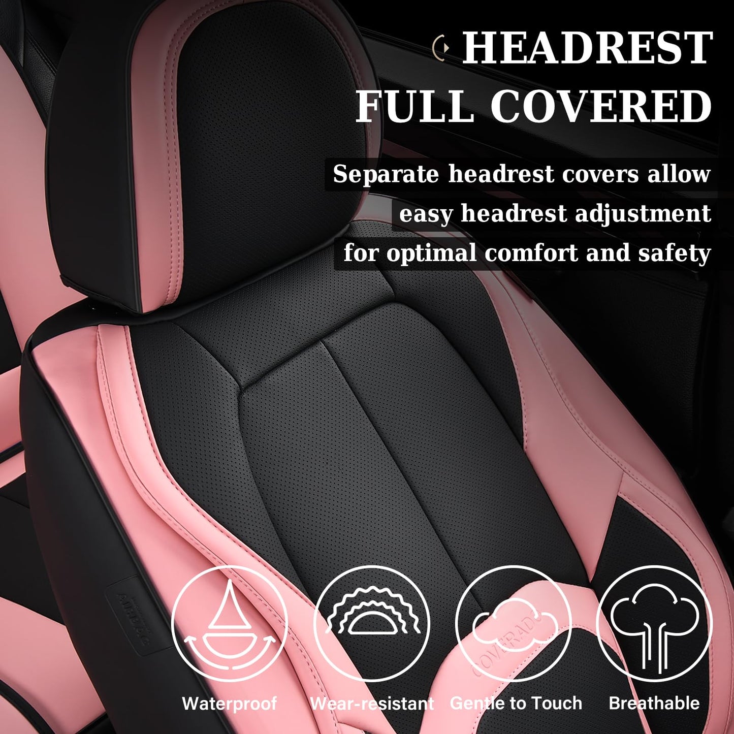 Coverado Car Seat Covers Full Set, Waterproof Nappa Leather Seat Covers for Car, Car Seat Protector with Lumbar Support, Automotive Seat Covers Universal Fit for Most Cars SUV Trucks, (Black&Pink)