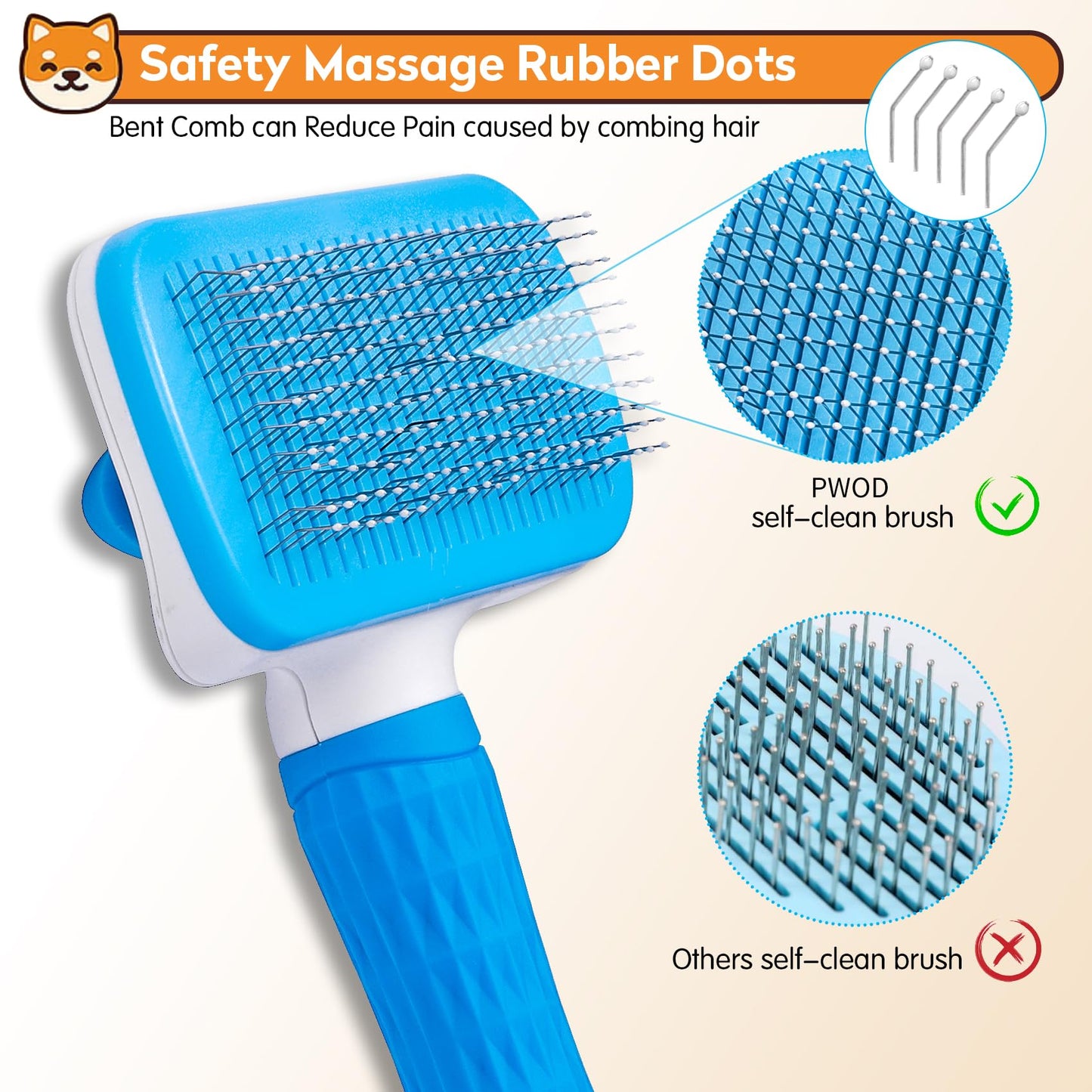 PWOD Dog & Cat Brush, Self Cleaning Slicker Brush for Pets, Upgraded Dog Brush for Shedding Massaging and Grooming, Removes Loose Undercoat & Portable Comb for Long Short Haired Dogs(Blue)