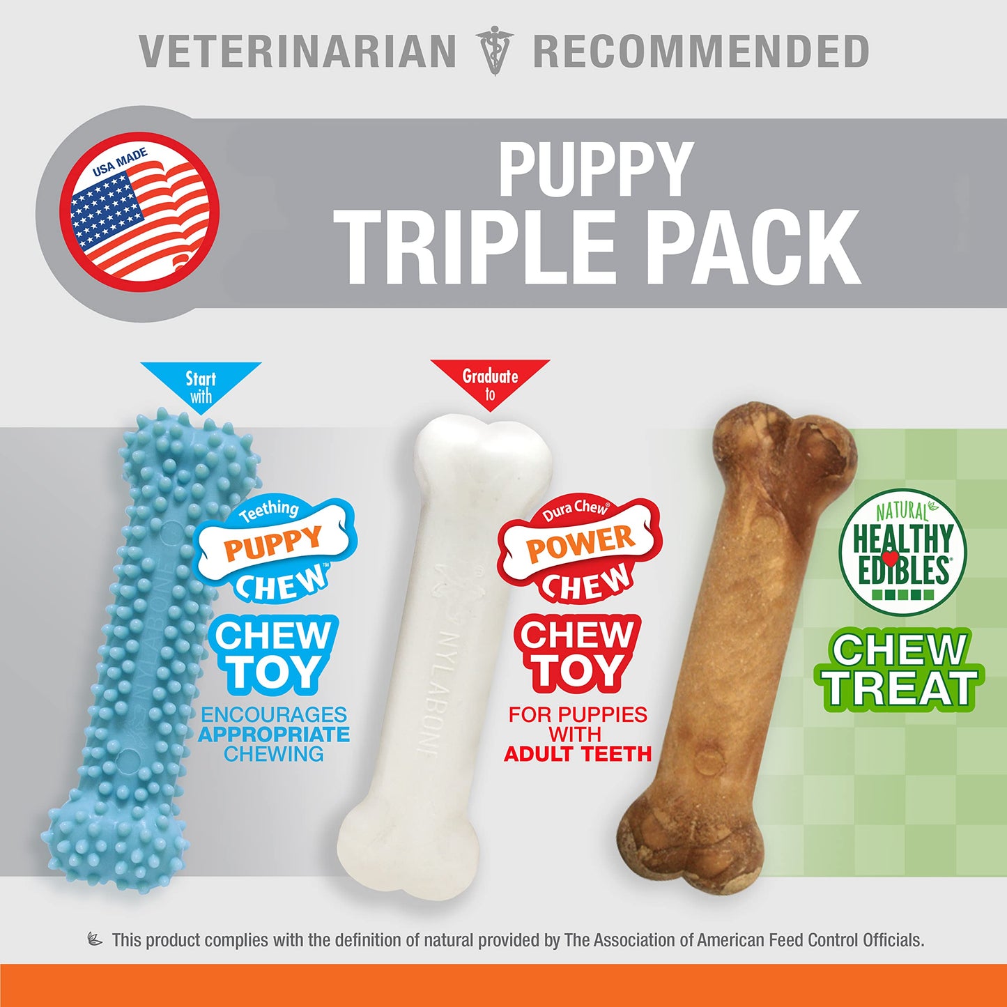 Nylabone Puppy Chew Toys & Natural Treat Triple Pack, Puppy Enrichment Teething Toys, Blue, Chicken & Bacon Flavor, Small Dogs - Up to 25 Ibs, 3 Pack