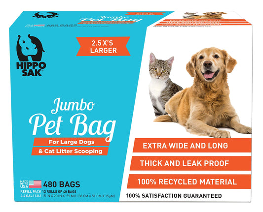 Hippo Sak® Extra Large Pet Poop Bags for Large Dogs and Cat Litter, 480 Count