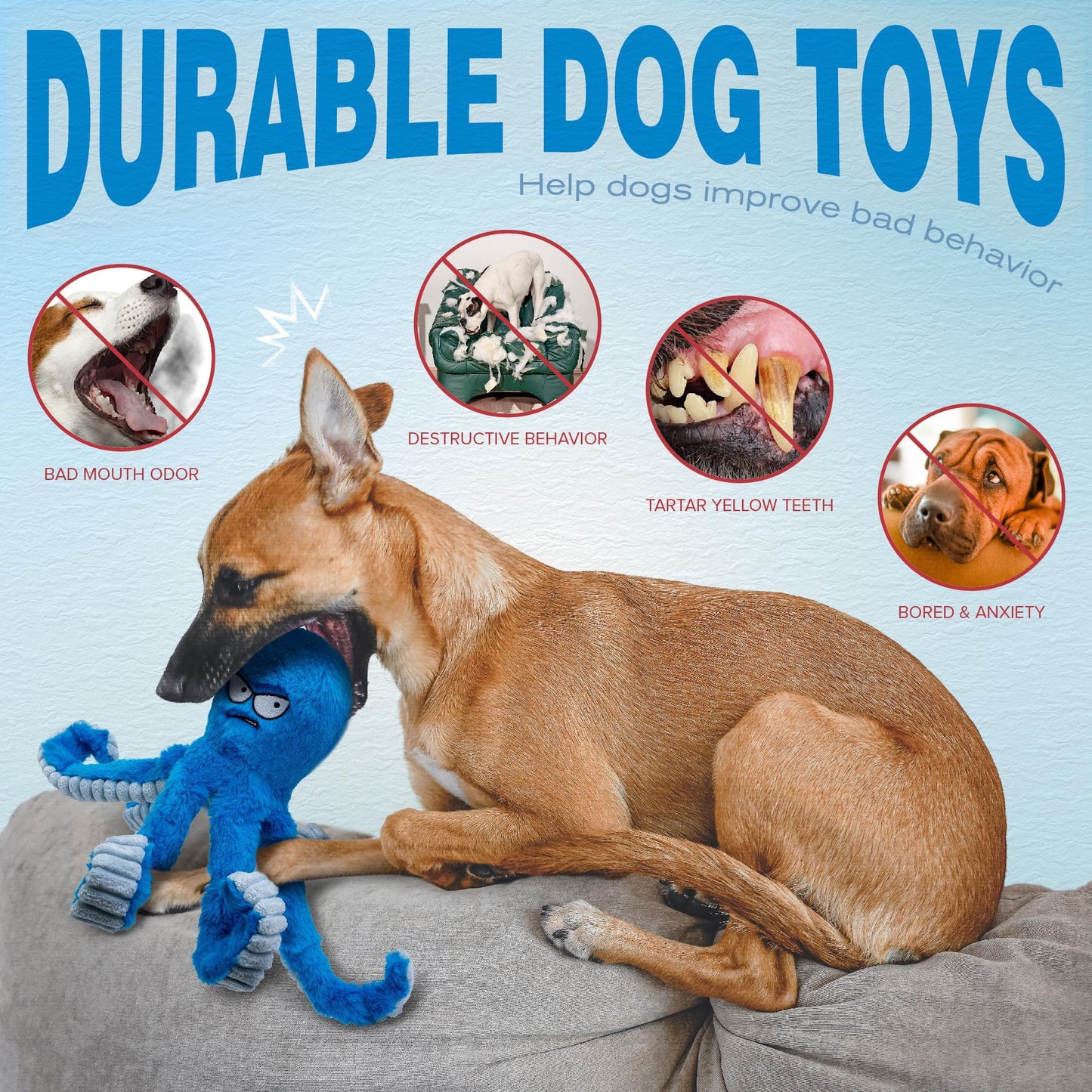LEGEND SANDY Tough Dog Toys, Stuffed Chew Large Dog Toys to Keep Them Busy, Interactive Squeaky Tug of War Doggie Toy, Crinkle Blue Octopus