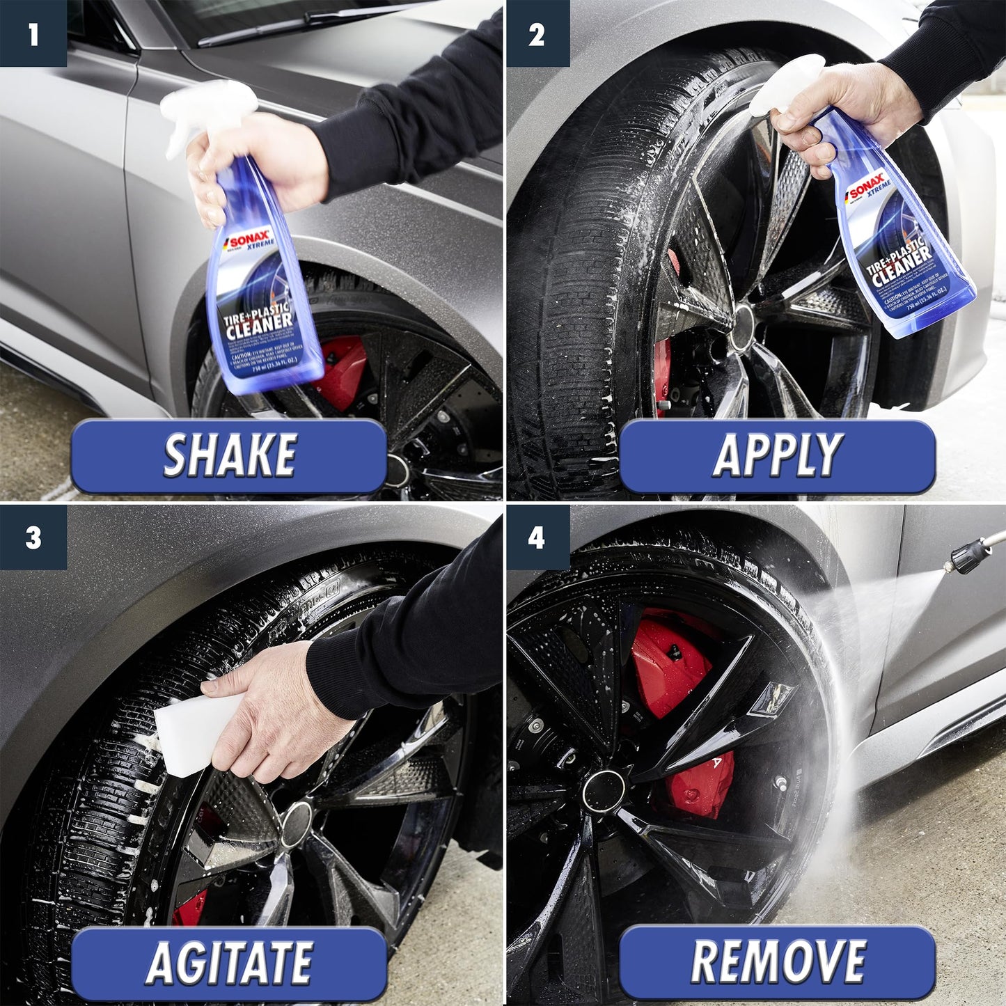 SONAX Tire Cleaner | Powerful Foaming Spray Removes Tire Grime, Brake Dust & Old Dressings | Safe on All Tires & Wheels | Deep Black Finish & Shine Enhancer | Professional Strength | 269400 | 750 ml