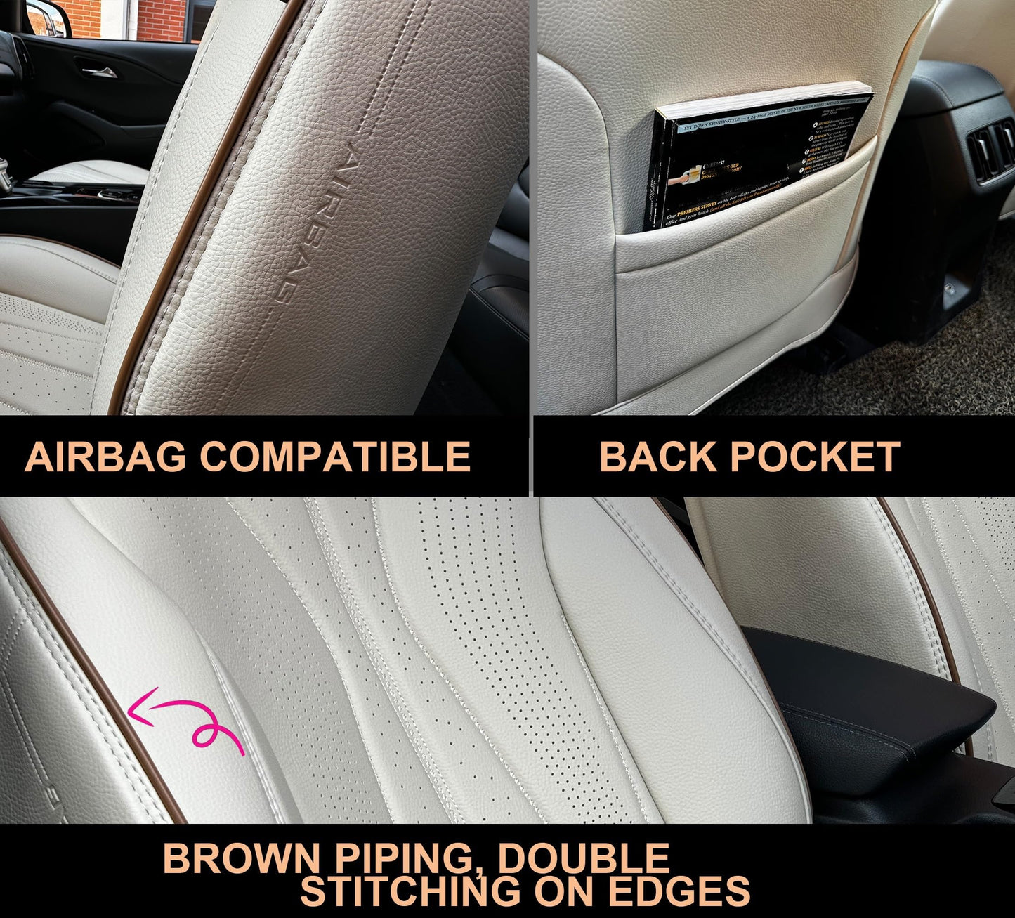 PINCTROT Car Seat Covers Front Set, Breathable Soft Pebbled Leather, Luxury Waterproof Seat Cushion, Airbag Compatible, Seat Protector Universal Fit Most Cars (Front Set, Beige Brown Piping)